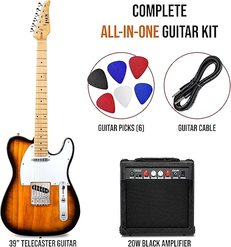 Miniatura 2 de LyxPro - Kit de guitarra eléctrica Telecaster de 39 pulgadas, amplificador de 20 vatios con altavoz, cuerpo sólido de tamaño completo, mástil en