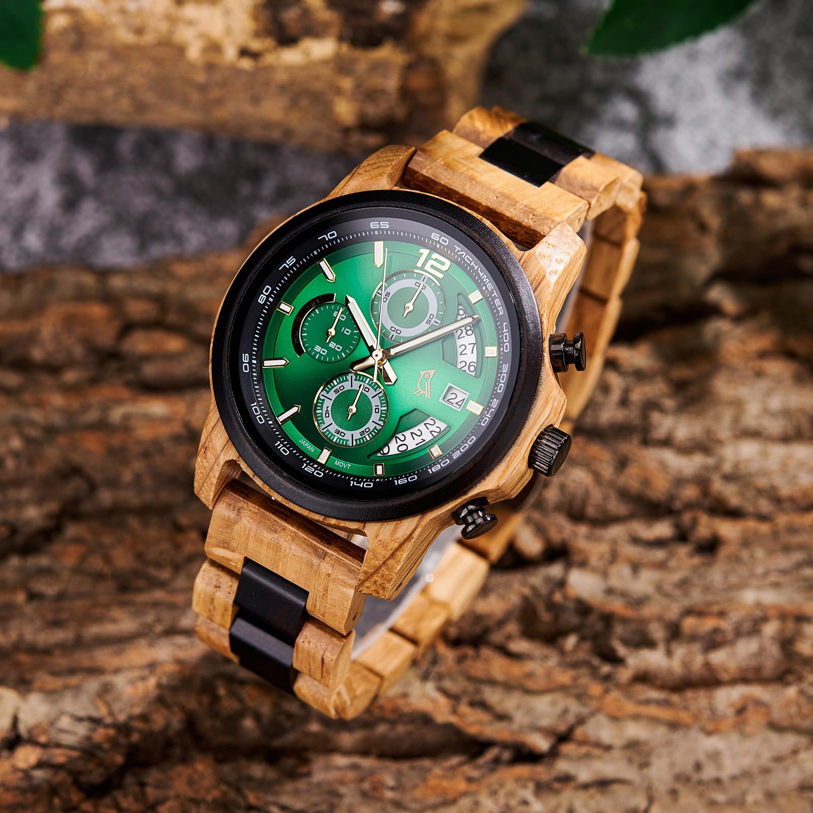 2win Reloj de madera grabado para marido y hombre, cronógrafo para hombre con llamativa esfera verde y diseño único de madera, regalo de aniversario, cumpleaños, Navidad, San Valentín para él