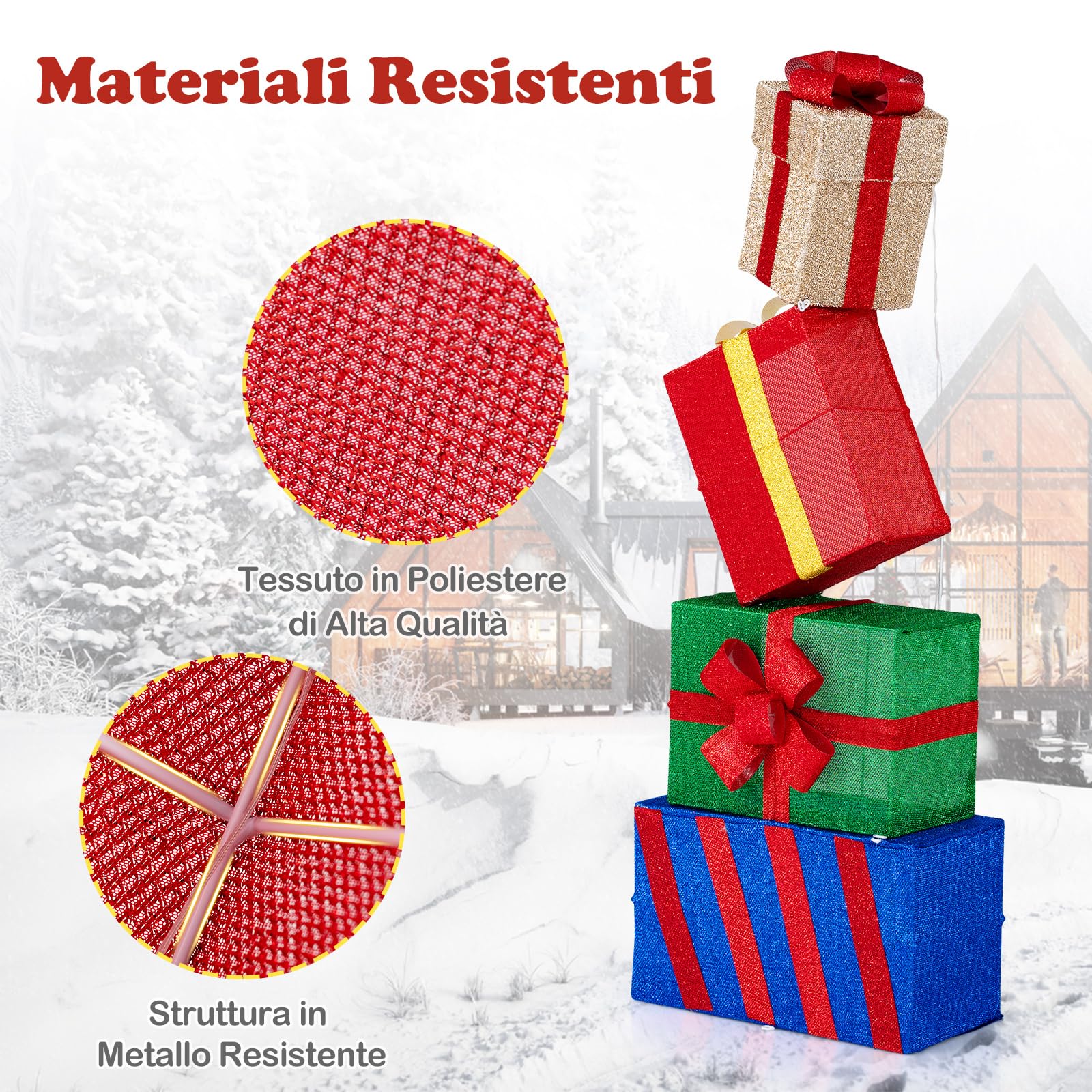 COSTWAY Set di 4 Scatole Regalo Natalizie Illuminati, Scatole Regalo Luminose con Fiocchi Colorati, 52 Luci LED Bianco Caldo, Decorazione Festiva per Casa e Giardino