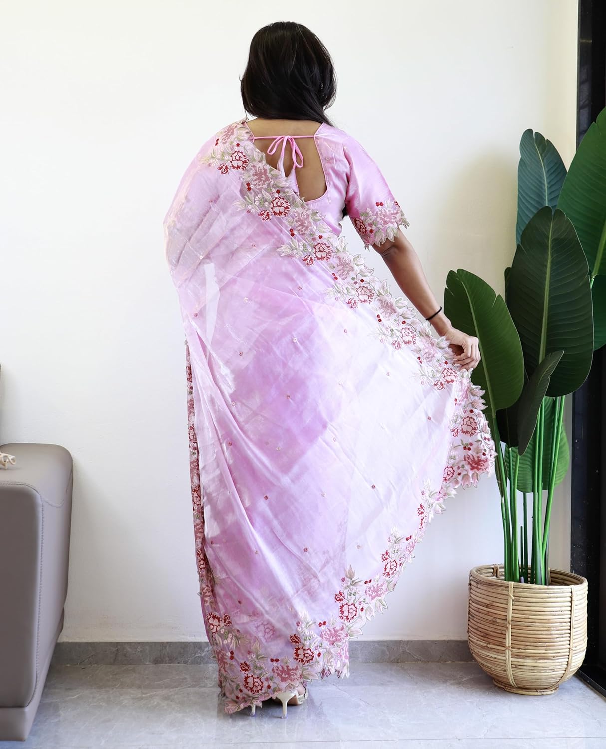 SEEANS Fancy Fabric Embroidery Saree with Unstitched Blouse - Lightweight, Women’s Saree, Perfect for Wedding & Party Looks