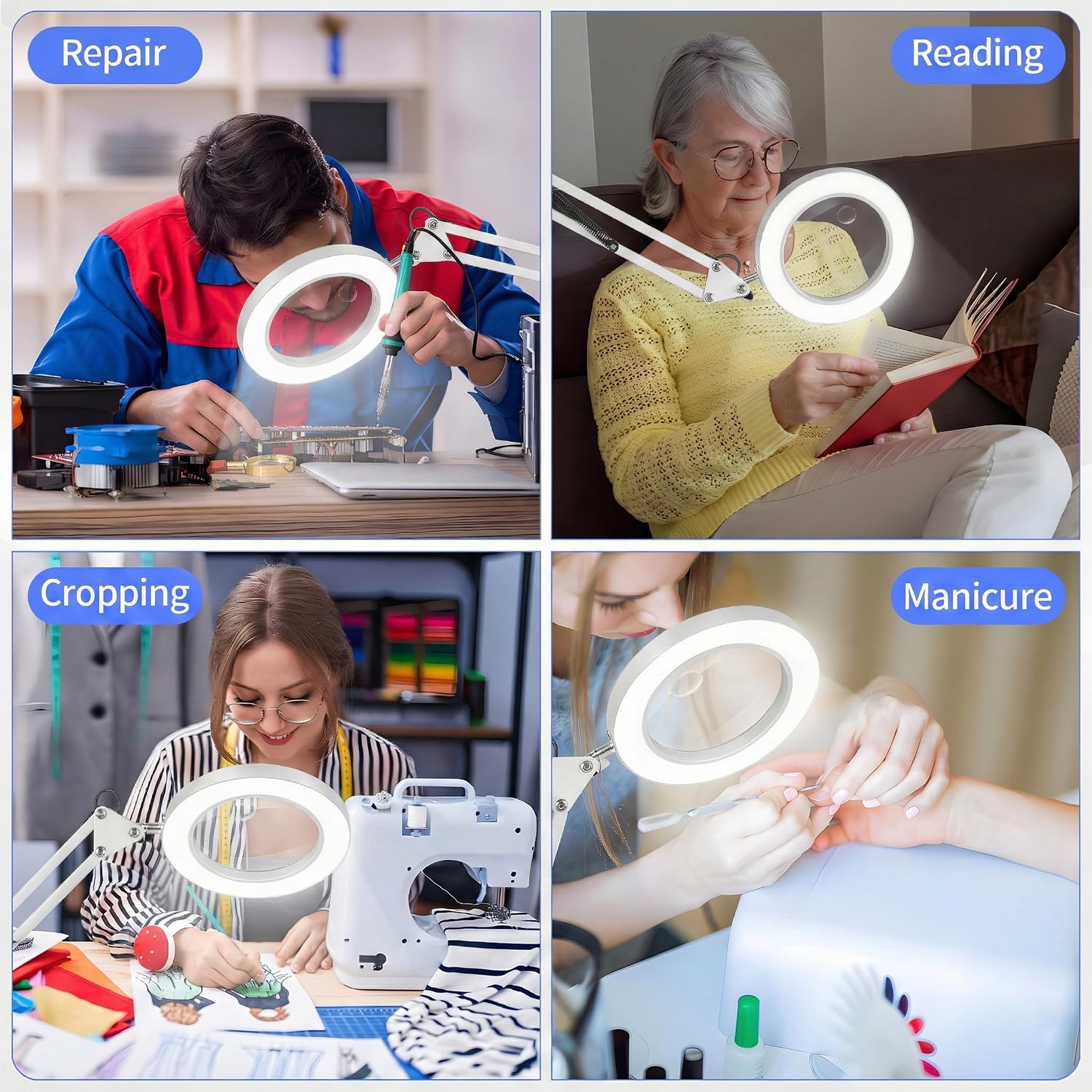 Loupe 15x 10x avec lumière et support, lampe de bureau grossissante 2 en 1 avec pince et base, 3 modes de couleur à intensité variable avec bras oscillant, lumière loupe lumineuse LED pour lecture