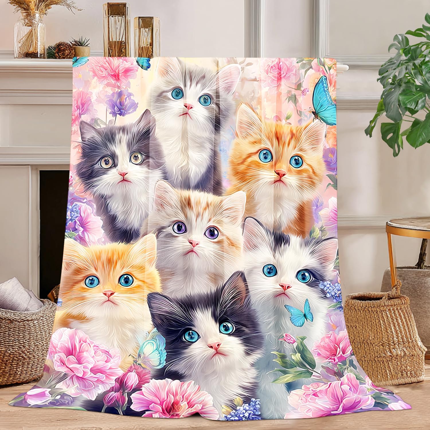Cat Blanket Cute Cat Decor Cozy Animal Throw Super Soft Plush Flannel Fleece Blanket Gift for Kids Adults Men Women Ultra Warm & Lightweight Flannel, 50"X40"
