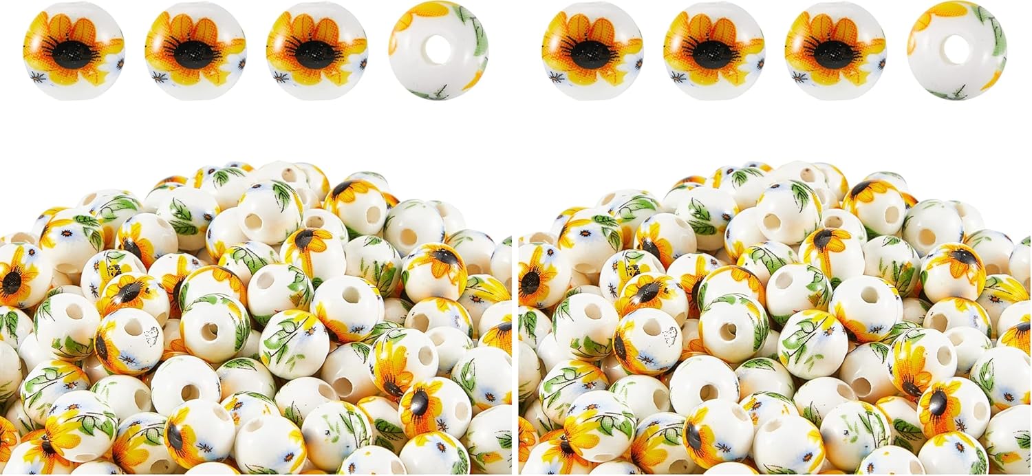 Hicarer 200 Pcs Ceramic Sunflower Beads 10 mm Summer Flower Ceramic Bead Round Porcelain Spacer Beads for Christmas DIY Gifts Necklaces Earrings Bracelets Crafts Jewelry Making (Pack of 2)