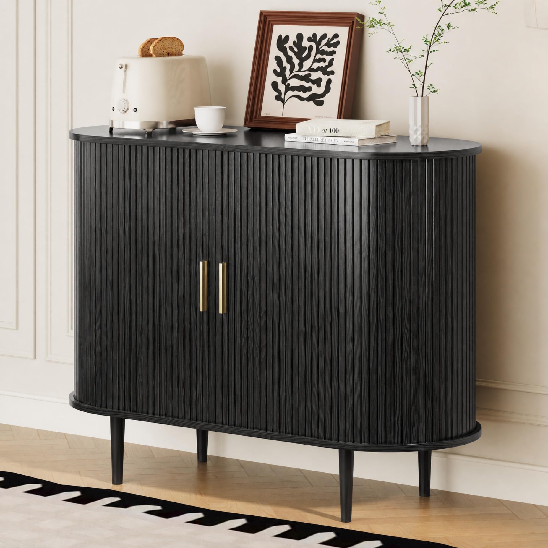 DHH Sideboard Buffet Cabinet with Storage,Mid Century Modern Fluted Accent Coffee Bar Console Table,Tambour Sliding Doors&amp; Adjustable Shelf for Kitchen, Living Room, Entryway (Black, 40 Inch)