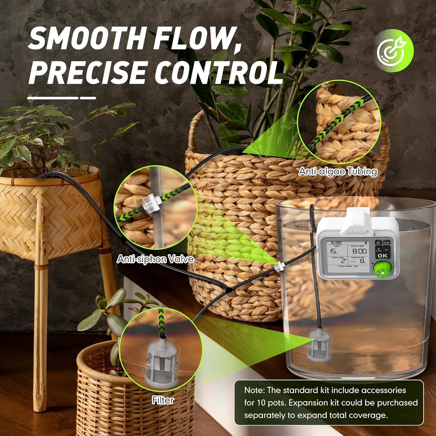 RAINPOINT Large Display Automatic Plant Waterer Indoor for Pot Plant,Cycle & Soak Mode Vacation Self Watering Drip Irrigation System Device Kit Herb Garden Greenhouse Grow Tent Water 10-15 Plants