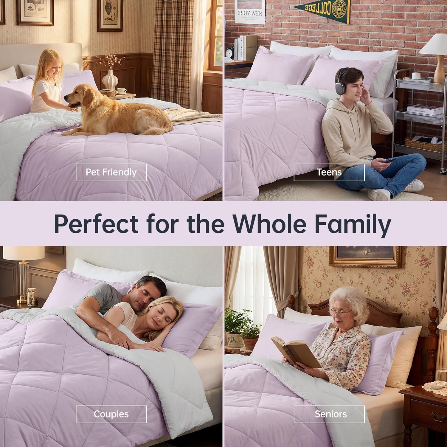 JOLLYVOGUE King Size Comforter Set, Ultra Soft Reversible Bedding for All Seasons, 3 Pieces Down Alternative Bed Set Includes 1 Lightweight Comforter and 2 Pillow Shams, Lavender/Light Grey