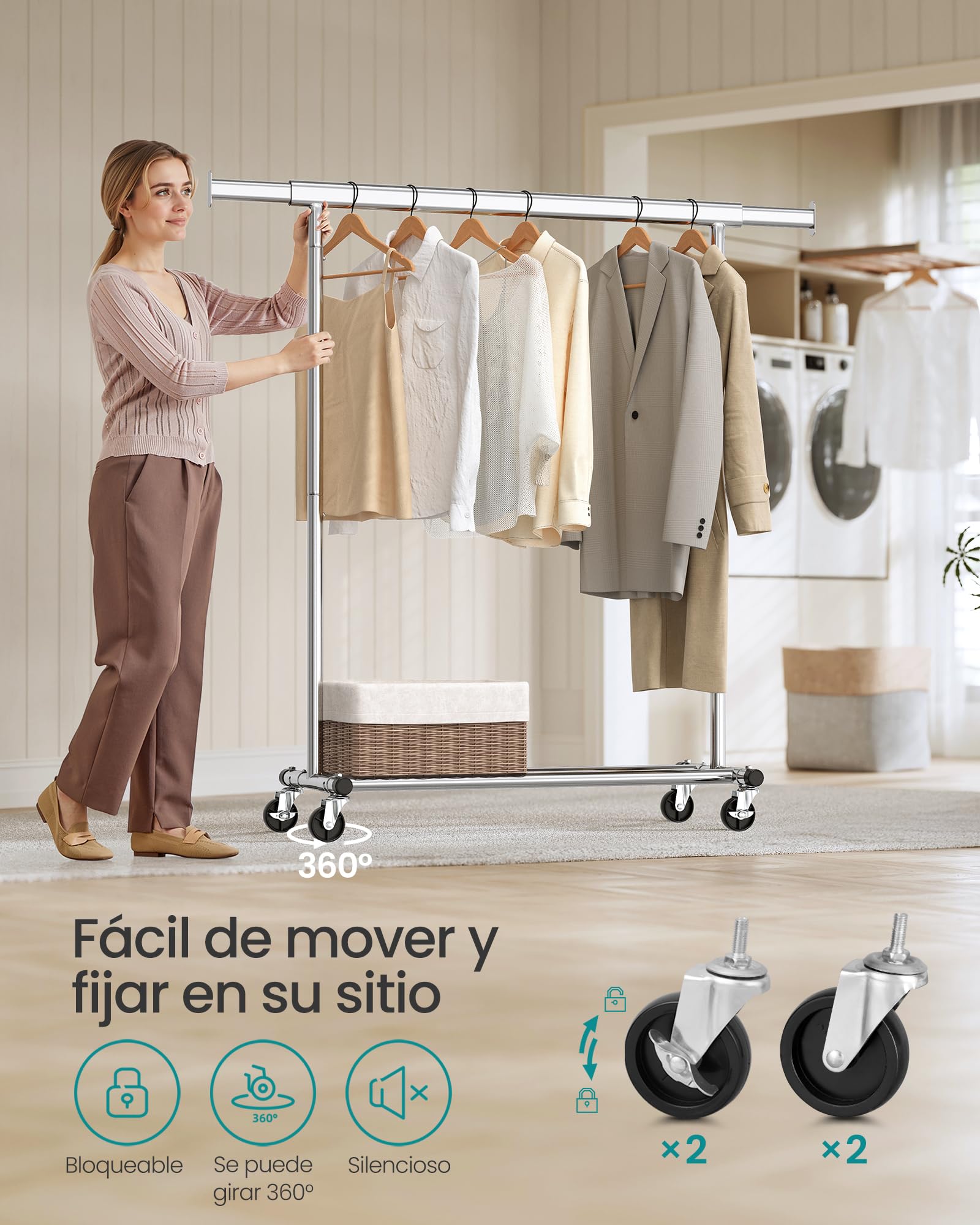 SONGMICS Juego de 20 Perchas, Perchero con Ruedas, Percha de Madera Maciza, Barra Extensible, Gancho Giratorio 360°, Plata, Natural y Plata HSR013S01
