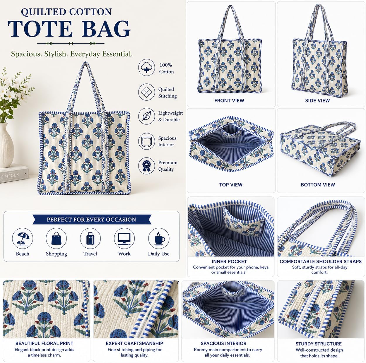 COTSILER 100% Cotton Quilted Tote Bag with Zipper Large Aesthetic Bohemian Block Print Travel Bag,Shoulder Purse & Beach Bag