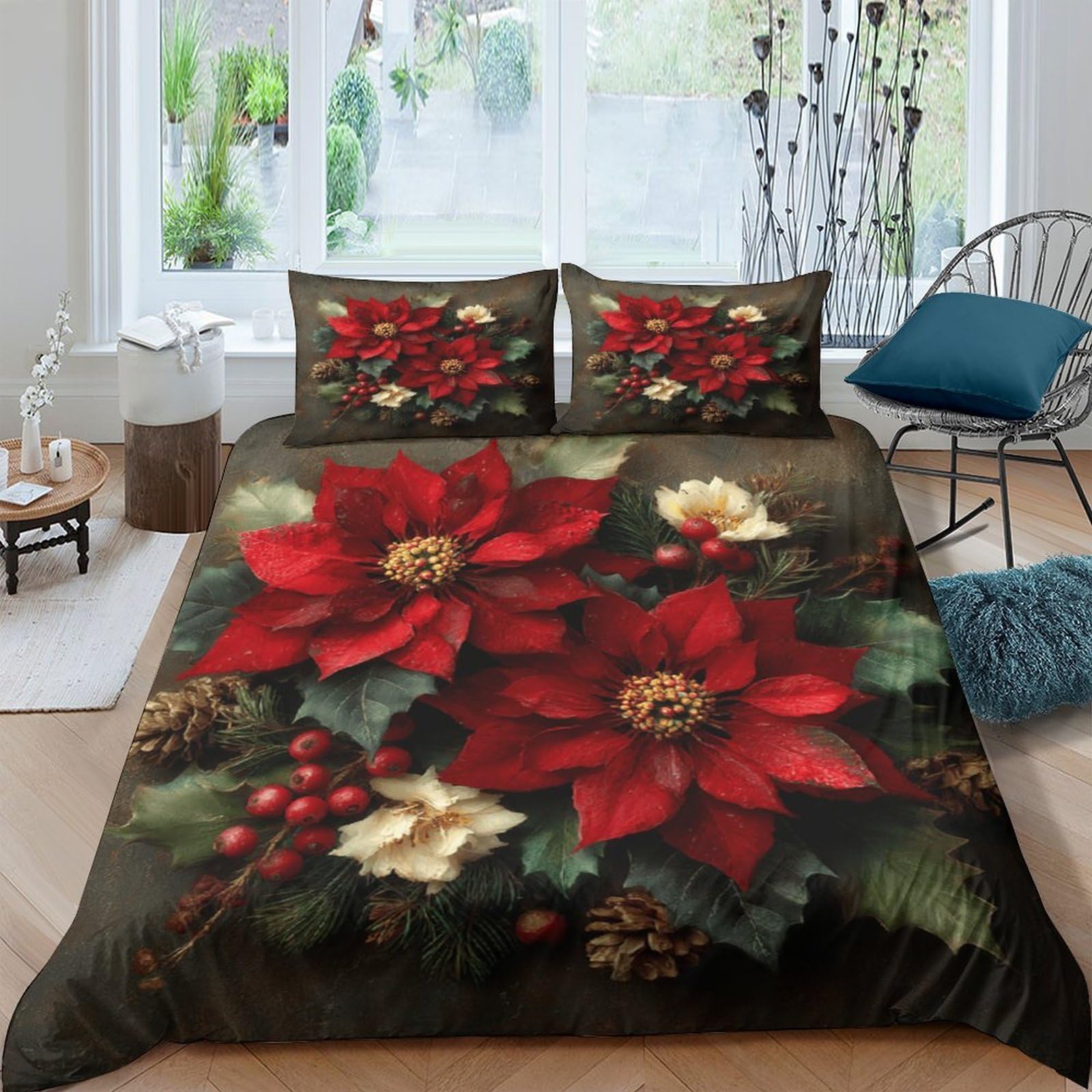 Ctjqhvkz Style-6 3D Printed Christmas Poinsettia Fitted Sheet Microfiber Soft Red Floral Bed Cover For Bedroom Guest Room Decor Single（135X200cm）