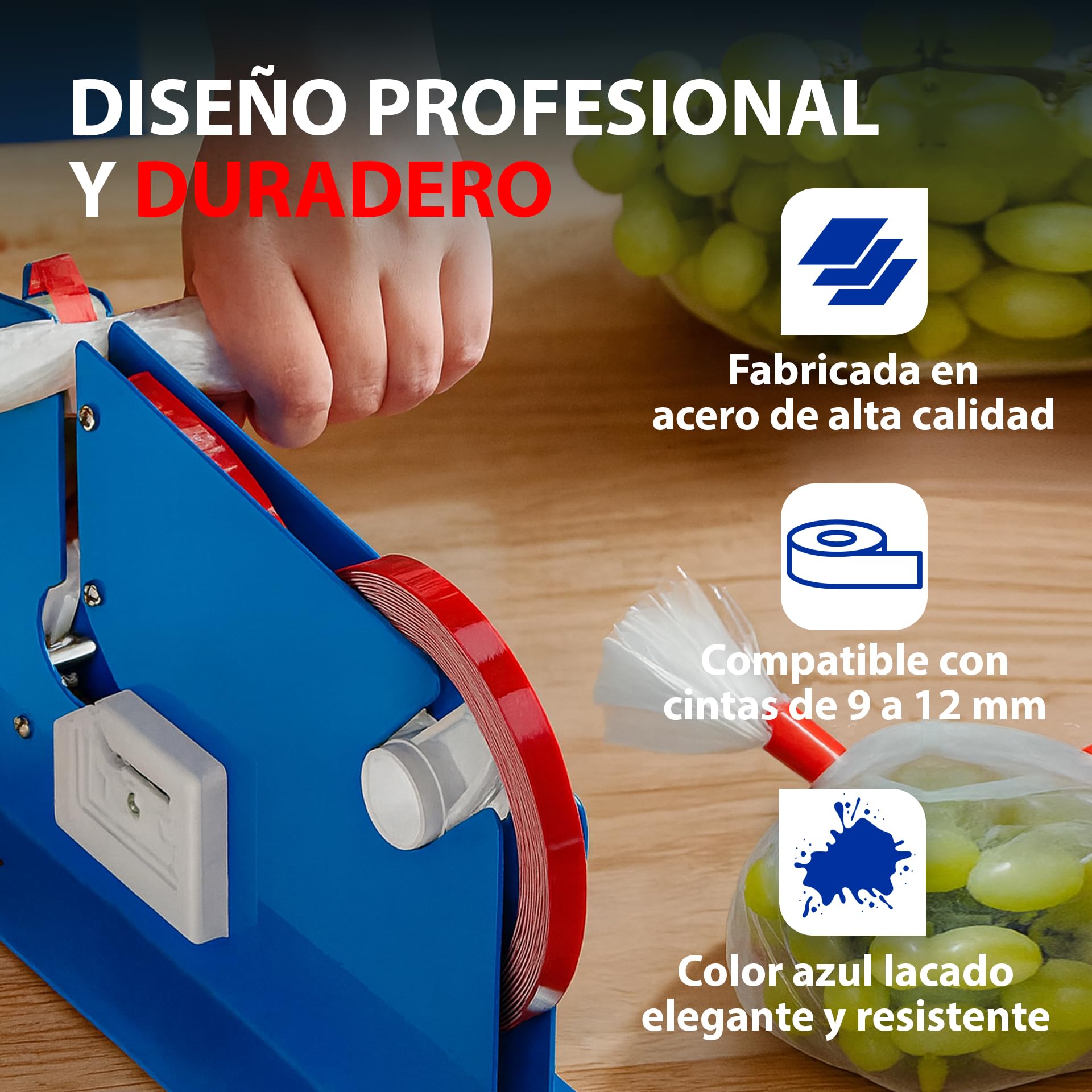 BALSAT Máquina Cierra Bolsas Precintadora de Bolsa Azul Lacada + 6 Rollos Rojos | Sellador de Bolsas de Plástico Manual | Compatible con Cintas Adhesivas de 12 mm an | Metálica, Robusta y Precisa