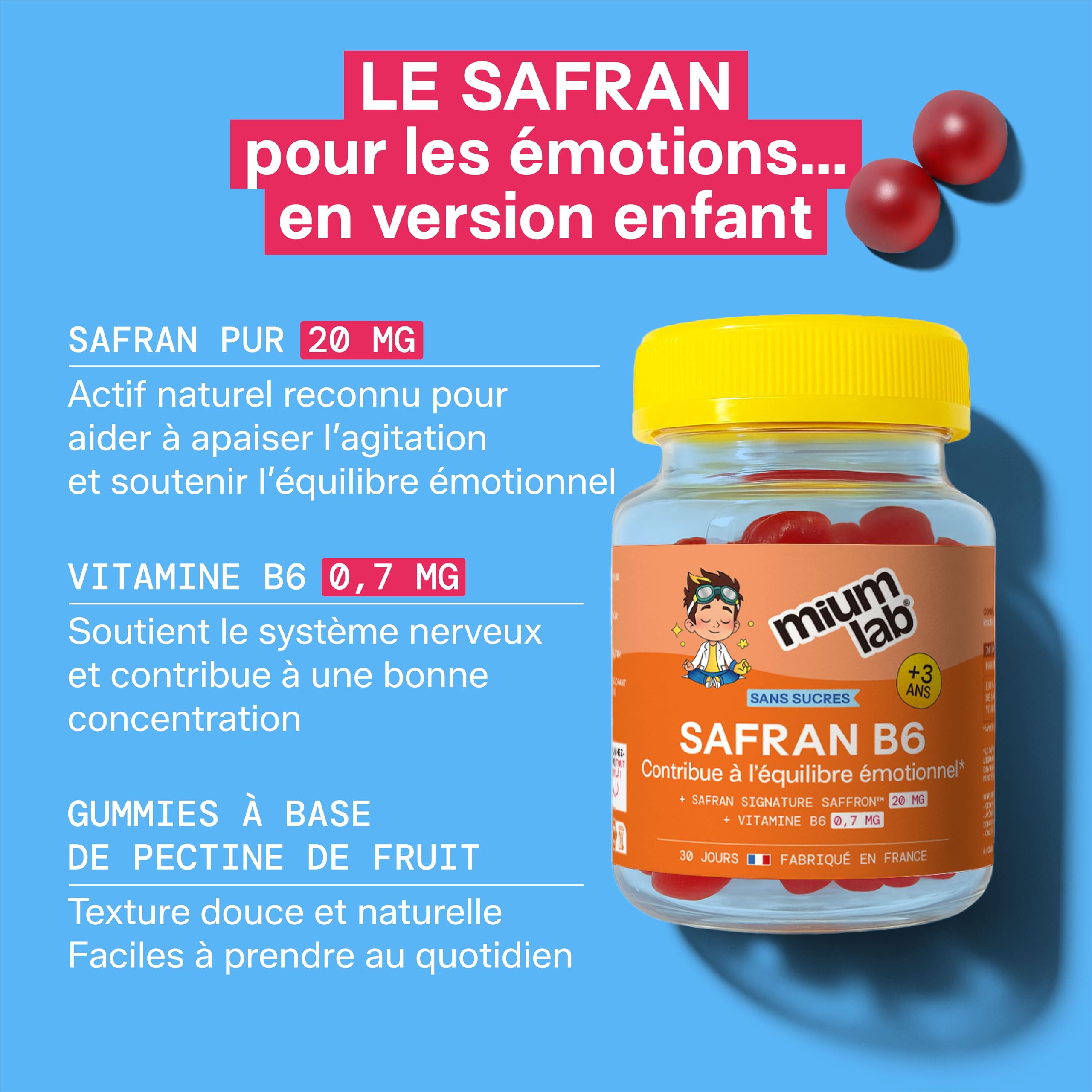 MIUM LAB - Gummies Safran Enfant Vitamine B6 – Équilibre Émotionnel & Concentration – Aide à Gérer Émotions & Agitation – Complément Alimentaire Enfant Sans Sucres – Goût Fraise – Lot de 3
