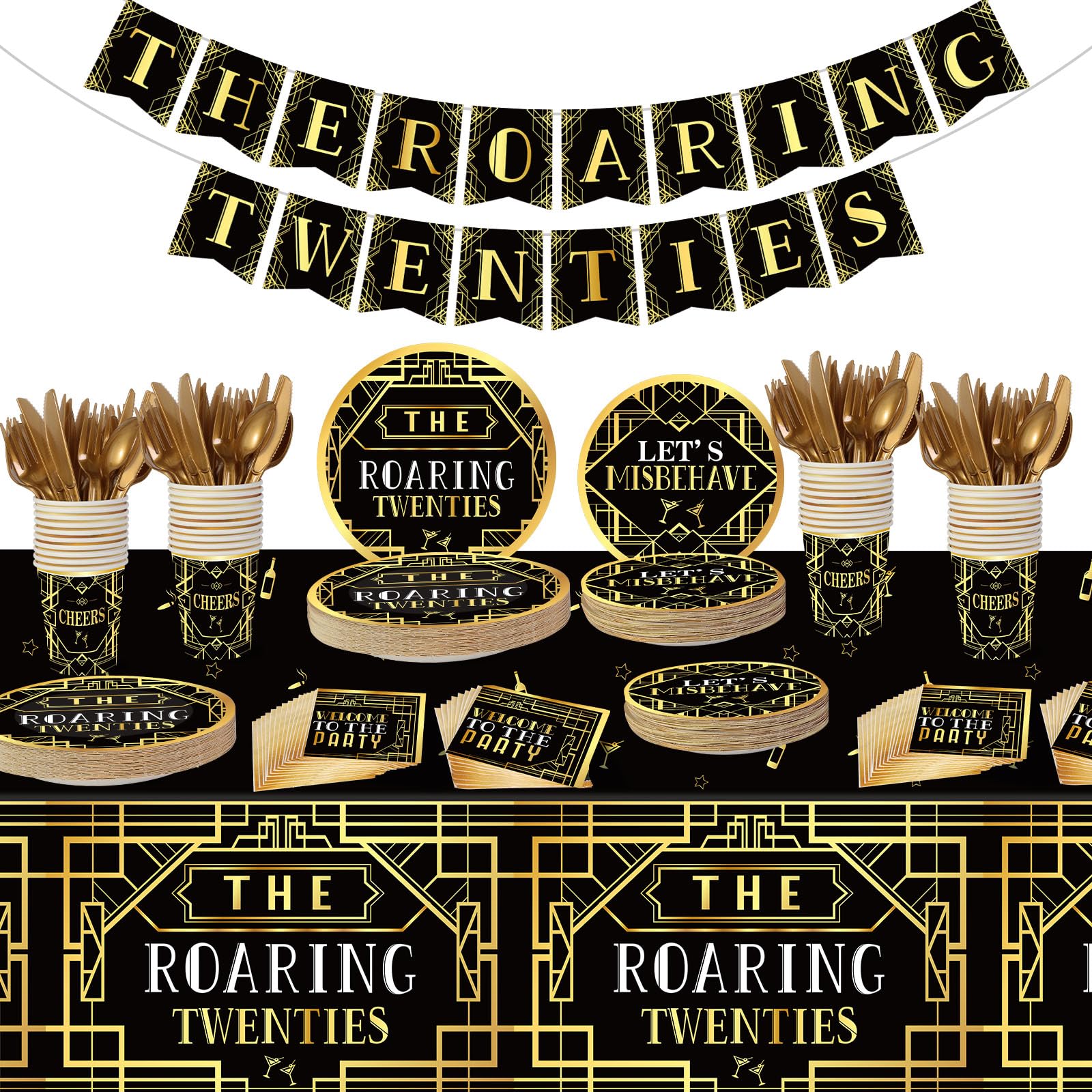 ABURRORI 188 Pcs Roaring 1920's Party Tableware Set