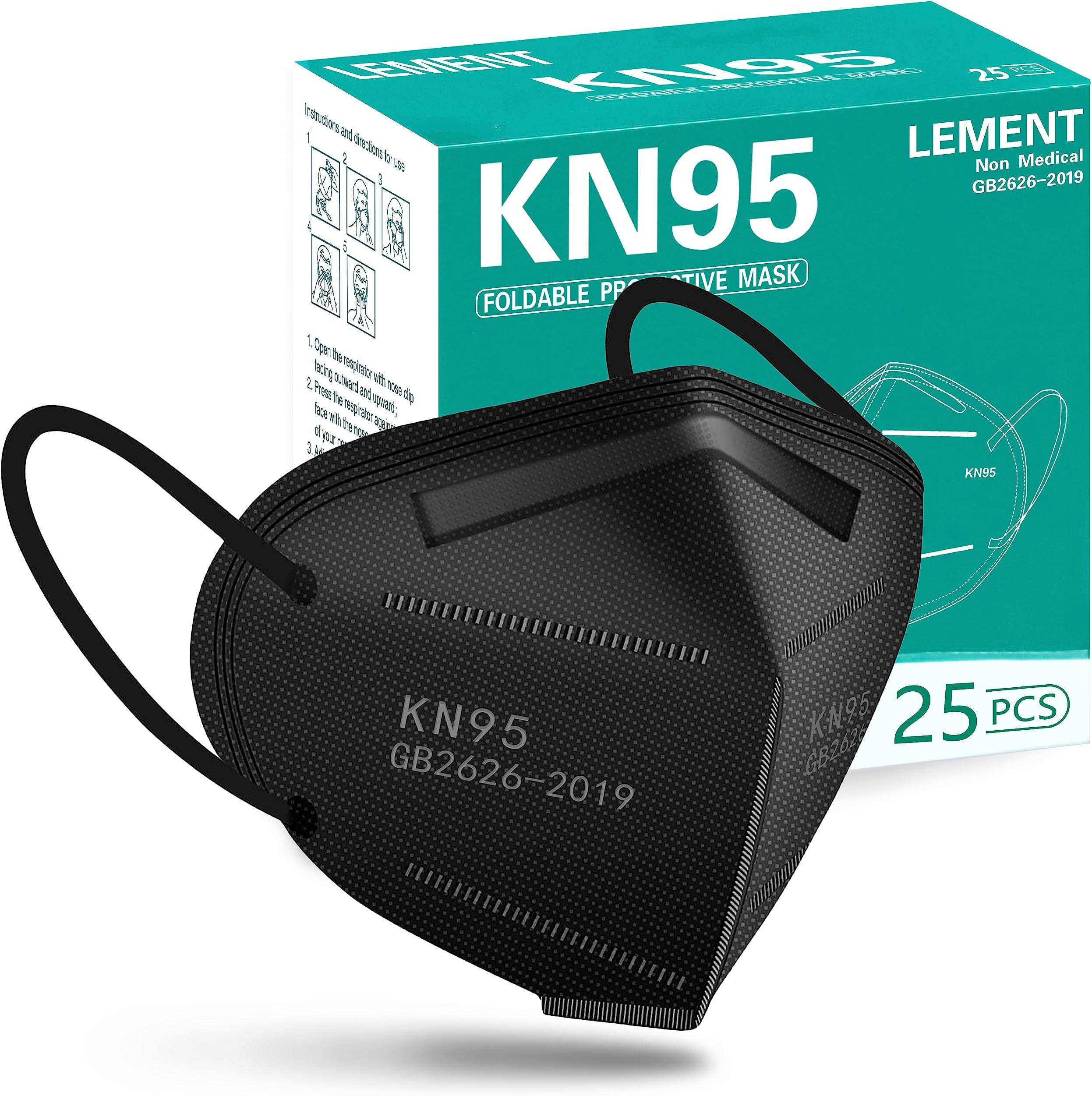 LEMENT 25pcs KN95 Face Mask Black 5 Layer Cup Dust Safety Masks Filter Efficiency≥95% Breathable Elastic Ear Loops Black Masks