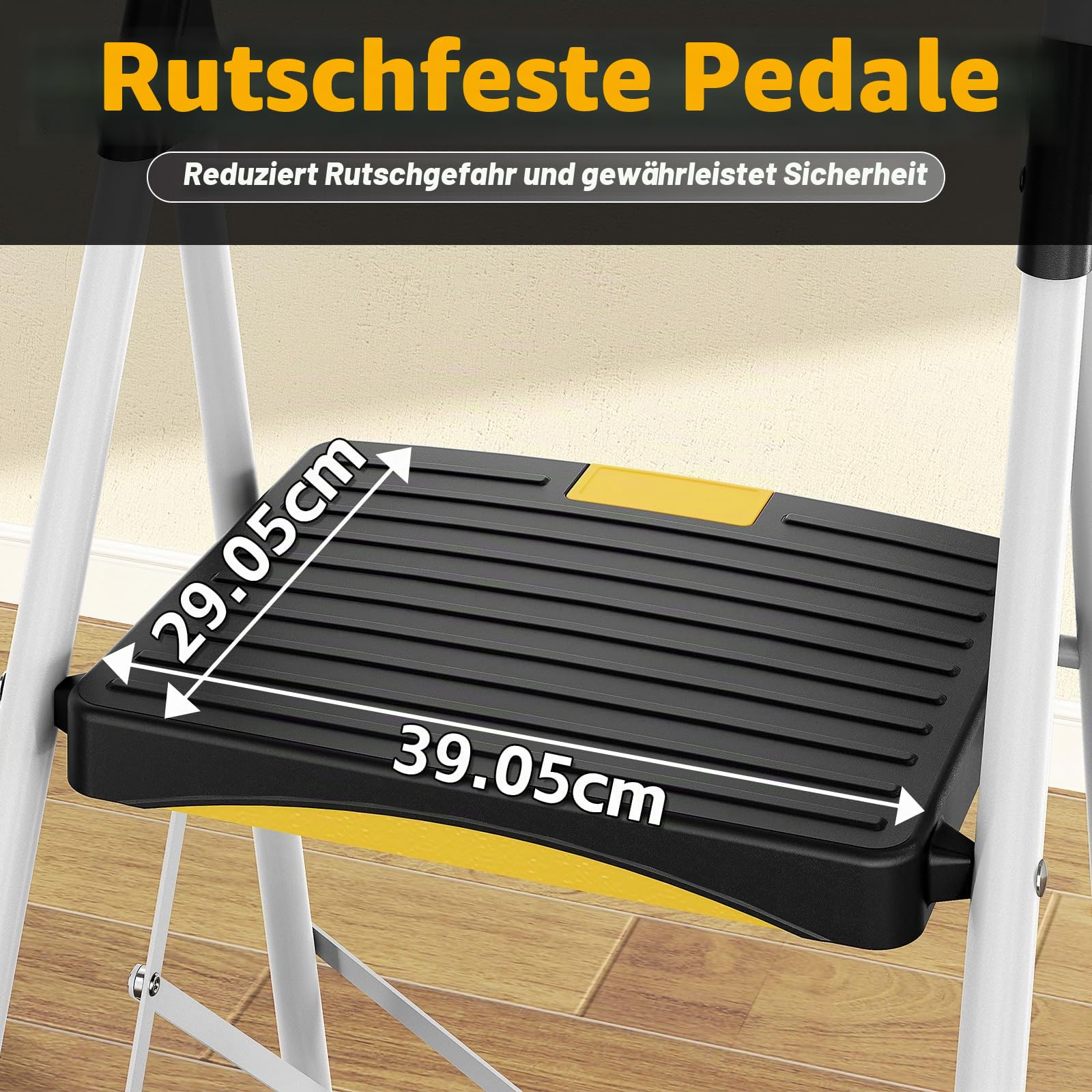 Urackify Trittleiter 3 Stufen Leiter Klappbar, Hochbelastbar bis 150kg, Sicherheitsschloss, rutschfeste breite Pedale, Handlauf, Kompakte Haushaltsleiter Stufenleiter für Haushalt, Küche, Büro, Weiß | Sicherheitsschloss, rutschfeste, breite Pedale, Handla
