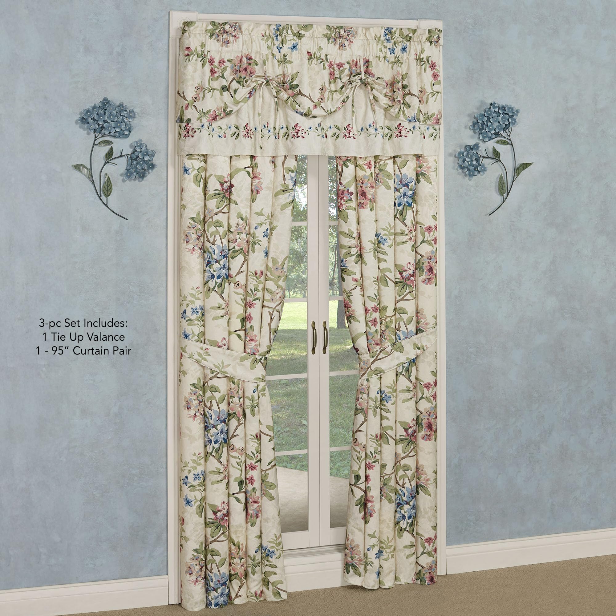 Chatsworth Cottage Country Polyester Jacquard Woven Window Treatment | Classic Traditional Flower Stripe Floral | Cream Ivory Rose Sage Blue Latte | Washable | 3 Pc Set Tie Up Valances 95L Curtains