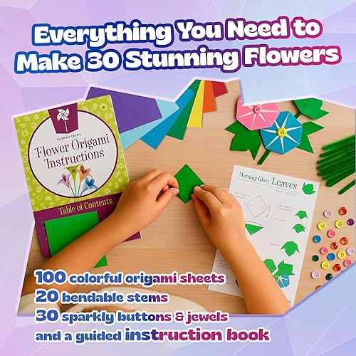 Vista 3 de Pinwheel Crafts Flower Origami Kit for Kids Ages 8-12 150 Pcs Origami Paper Kit w/Multicolor Folding Papers, Chenille Stems,Buttons and Jewels