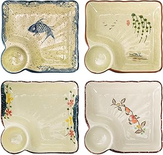 4 Pack Ceramic Dumpling Plate with Dipping Saucer, 7.3 Inch Japanese Sushi Platter, Chip and Dip Plate, Divided Snack Serving Dish for Appetizer, Charcuterie, Dessert, Salad, Entertainment