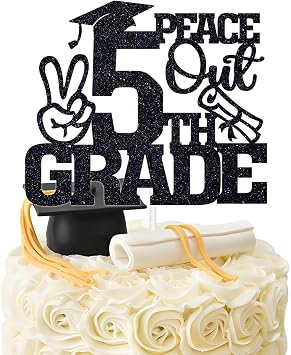 Black Glitter Peace Out 5th Grade Cake Topper, Congrats Grad for 5th Grade Graduate, Kids Fifth Grade Graduation Party Decorations Supplies