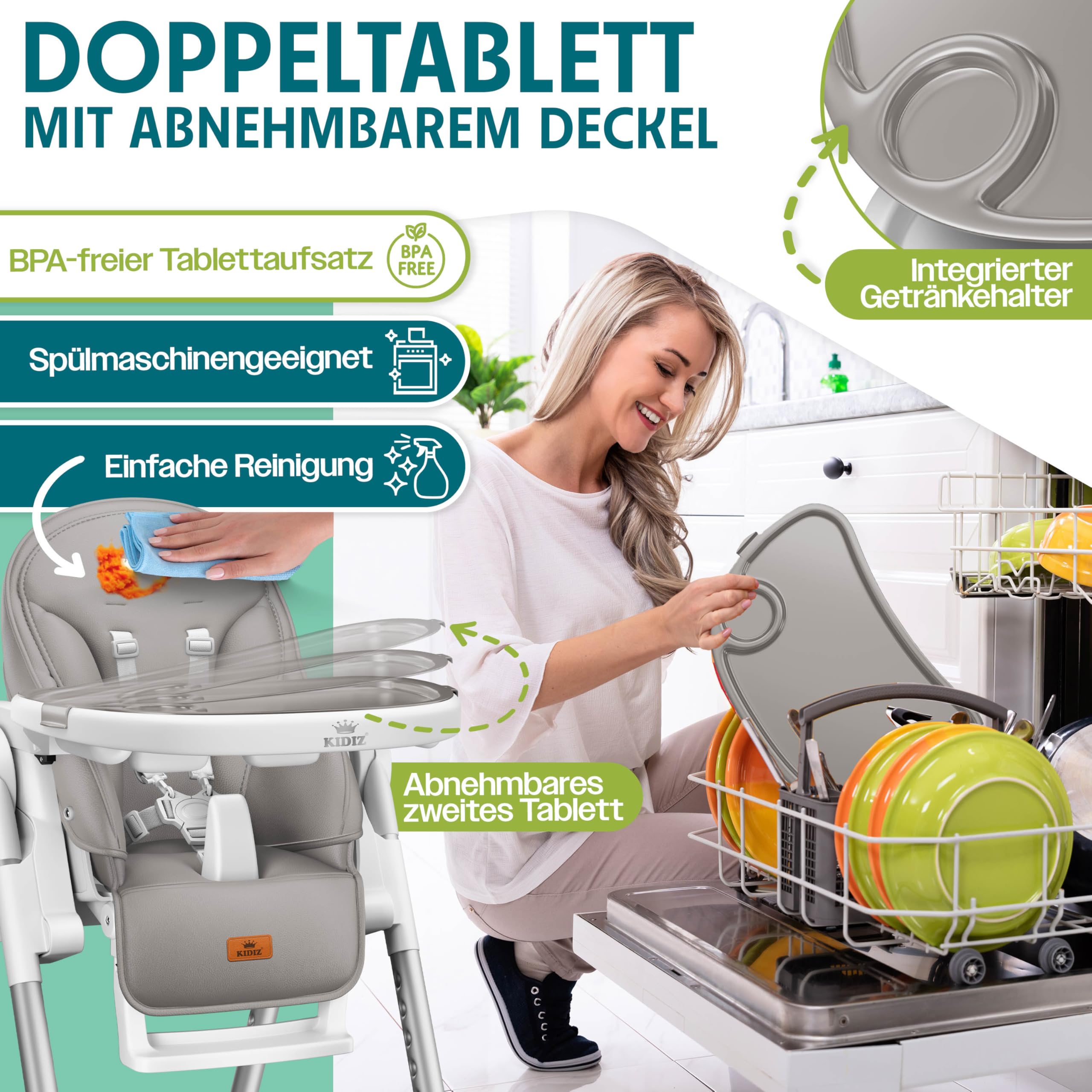 KIDIZ® 3in1 Hochstuhl Kinderhochstuhl mit Spielbügel, Babyliege, höhenverstellbar, bis 36 Monate, Grau