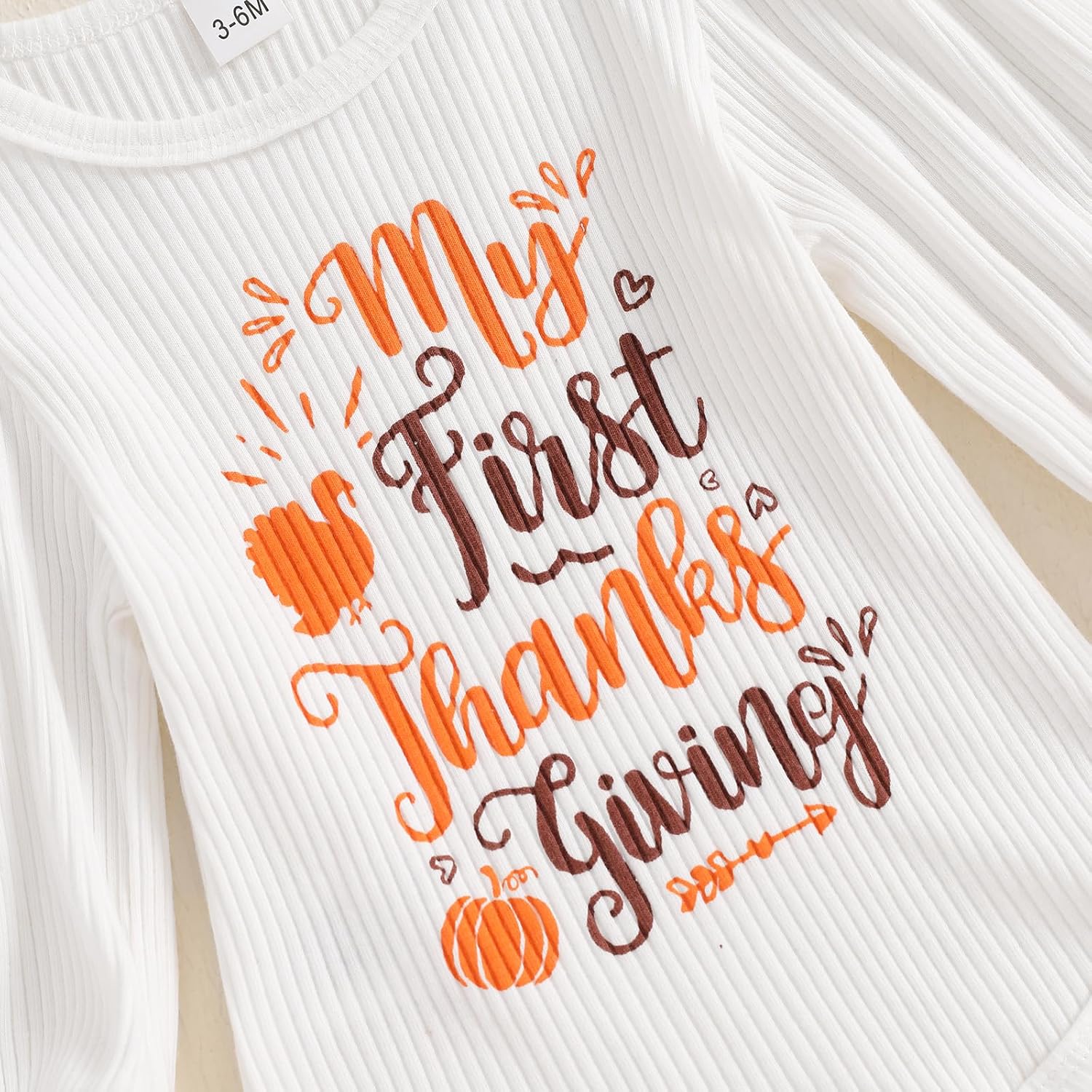 My First Thanksgiving Baby Girl Outfit Newborn Puff Long Sleeve Ribbed Knit Romper Turkey Flare Pants Headband Set - Image 5