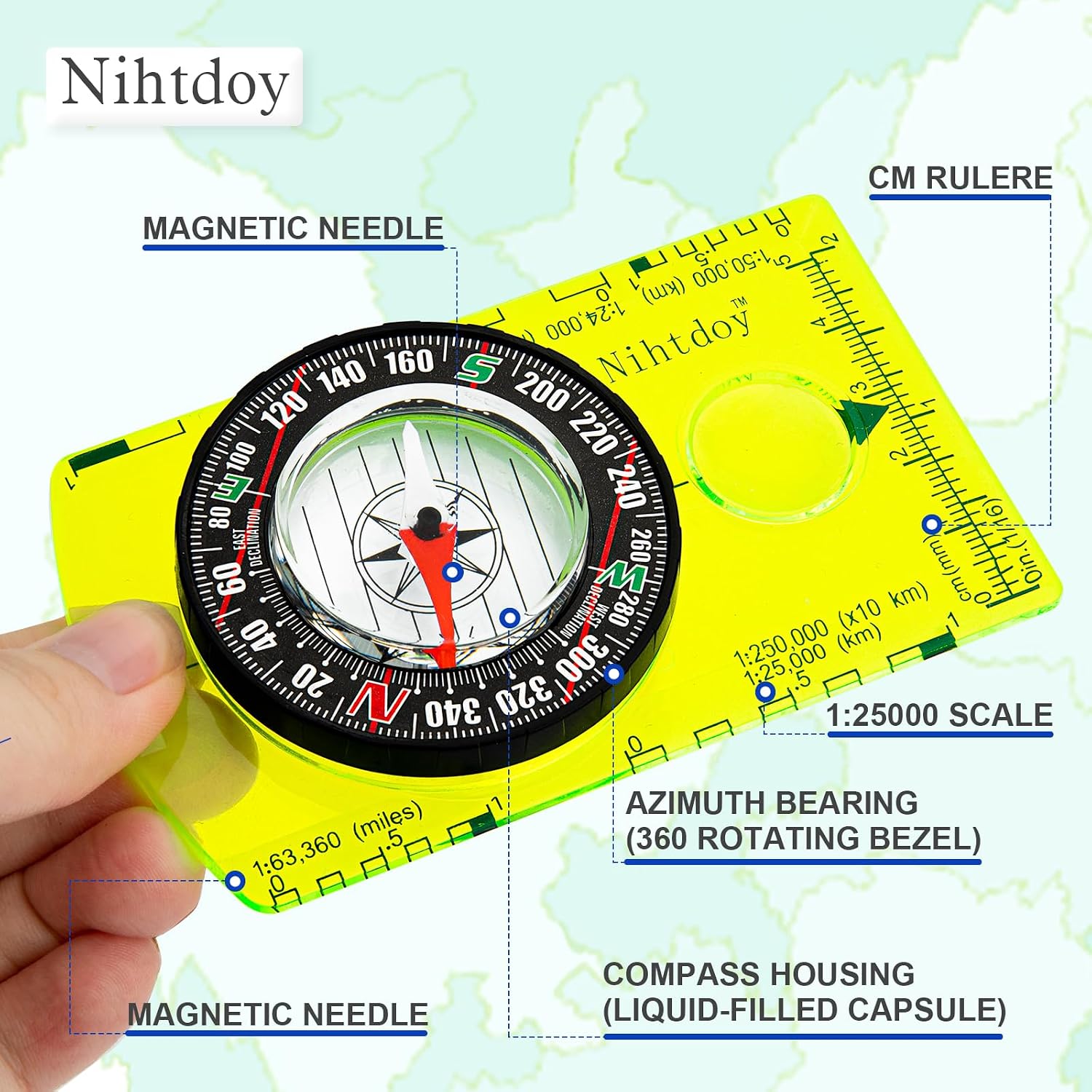 Multipurpose Outdoor Compass for Hiking, Scouting, Camping, and Navigation - Liquid-Filled, Transparent Base with Measuring Scales, Durable and Compact image 4