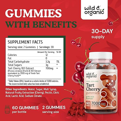 Miniatura 3 de Wild & Organic Gomitas de cereza ácida de 7000 mg – Suplemento de extracto de cereza agria para apoyo al ácido úrico – 60 masticables veganos sin OMG