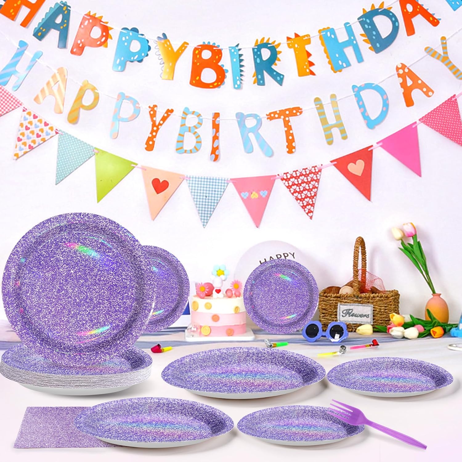 Grencian 96Pcs Purple Party Supplies Holographic Rainbow Purple Plates and Napkins Sets Iridescent purple Birthday Decorations for Girls Women Sprinkle Wedding Anniversary Party Favors Serves24