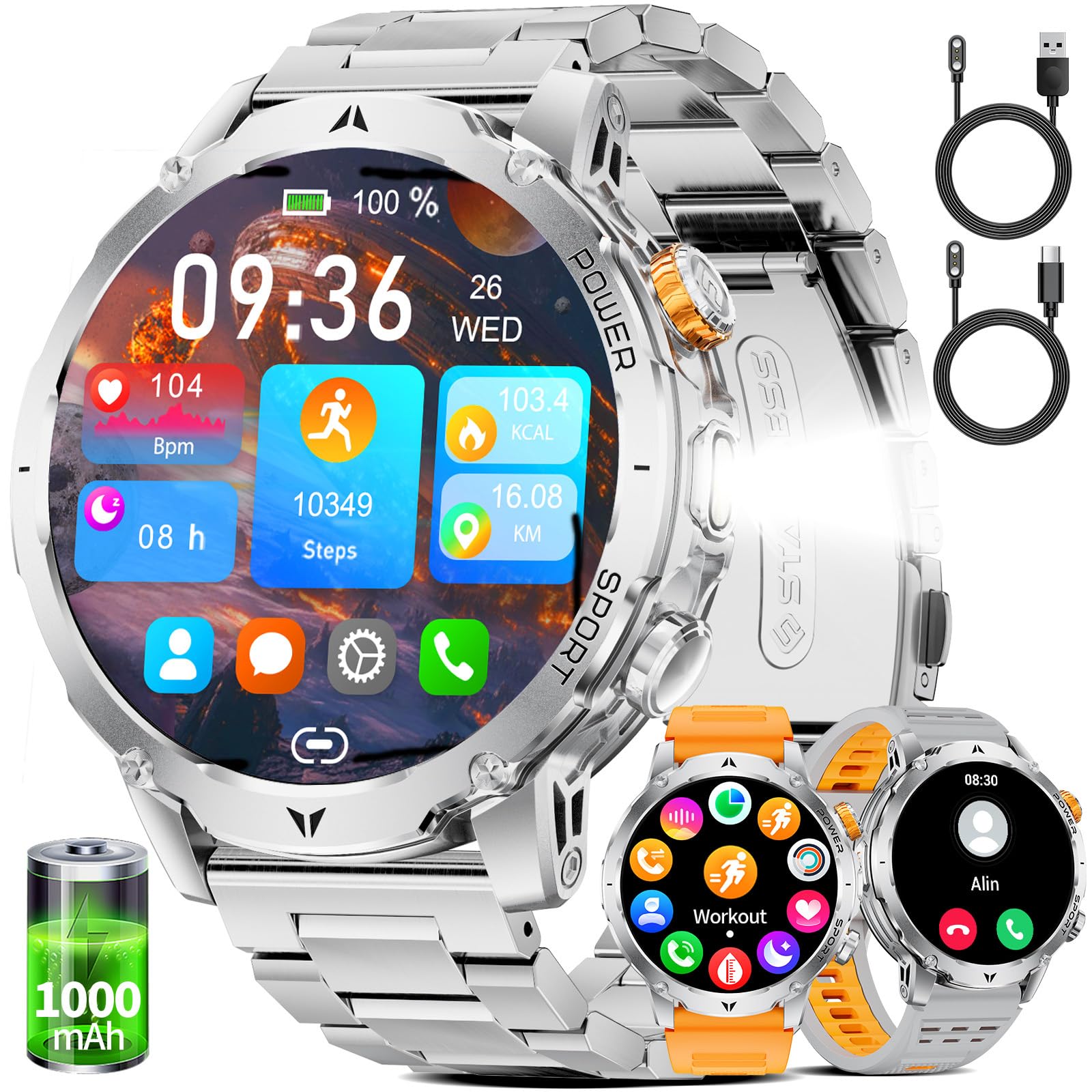 Reloj Inteligente Hombre Militar 1000mAh, Smartwatch 1,7'' con Linterna LED y Llamadas Bluetooth, 110+ Modos Deportivos, IP68, Frecuencia Cardíaca 24H, Android/iOS, 3 Pulseras + 2 Cargadores, EF24-B
