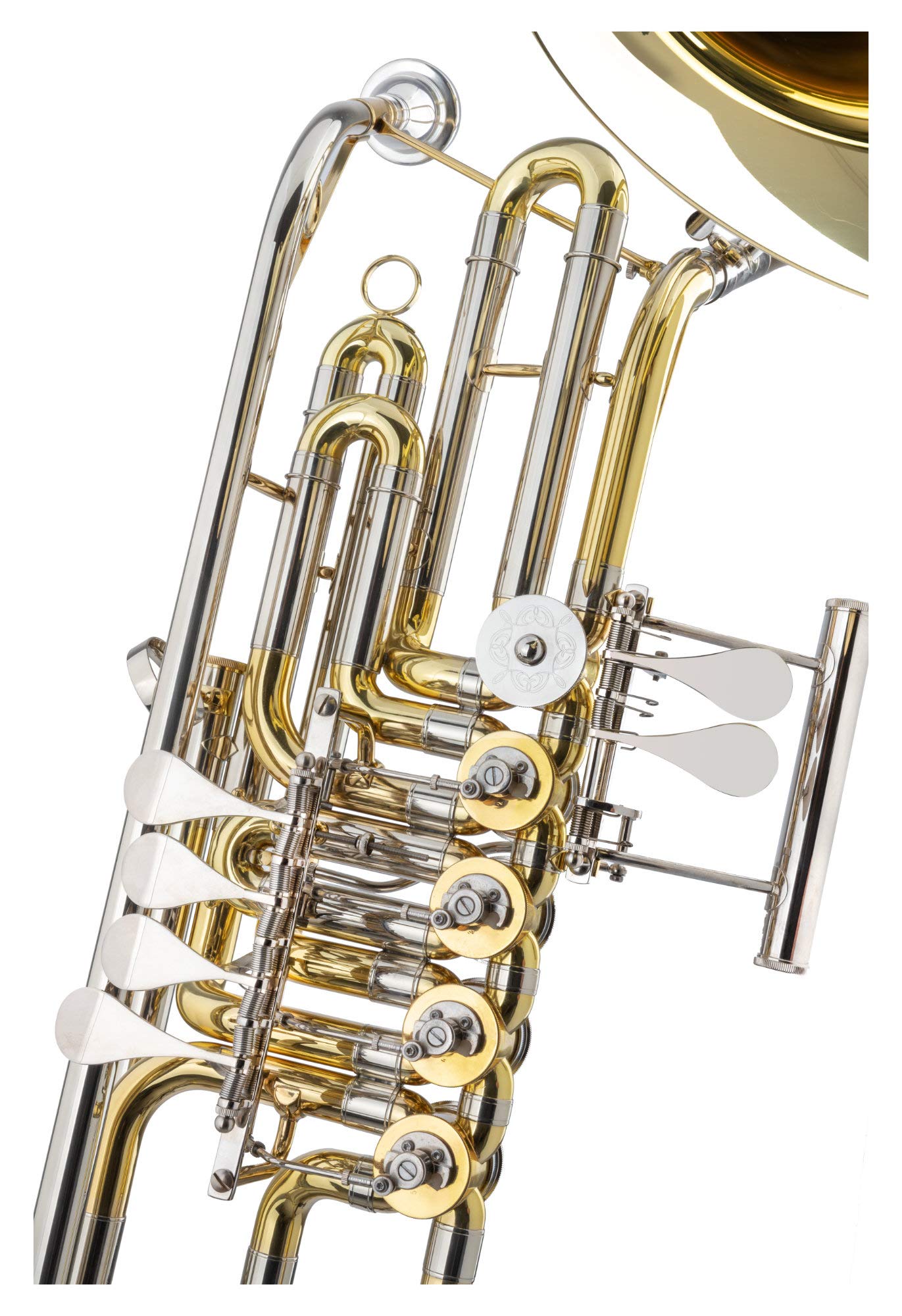 FC-18/5L Cimbasso - Lackiertes Cimbasso in F - 4+1 Drehventile und Trigger am zweiten Zug - Aus Messing - Schallstück-Ø: 286 mm - Bohrung: 18,40 mm - Inklusive Leichtkoffer