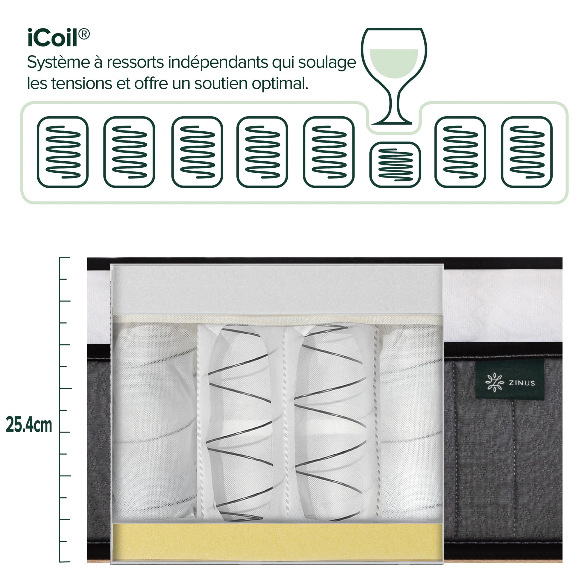 Zinus Colchón híbrido, Memory Foam, Blanco, Single