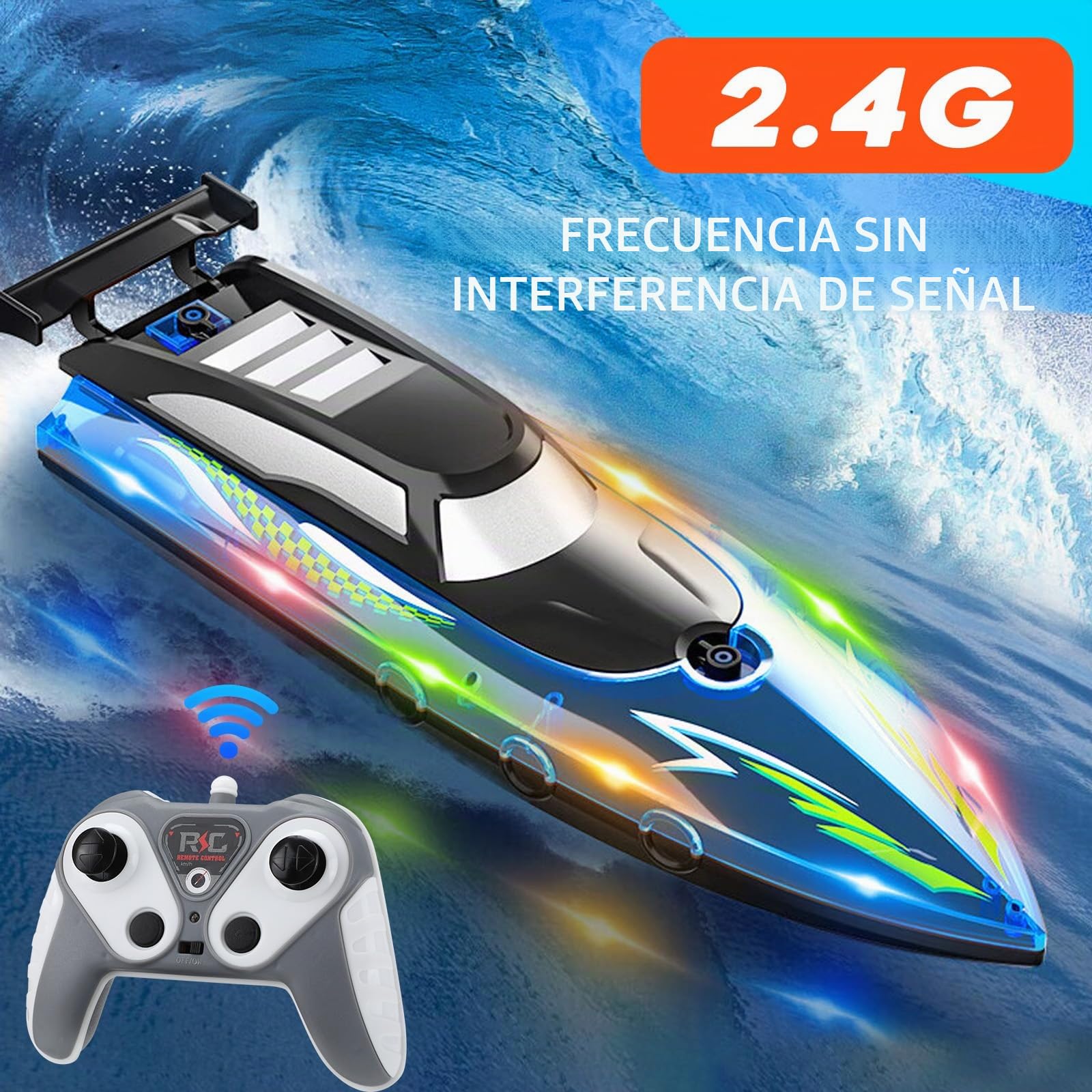 Barco de Control Remoto, 2.4 GHz Barco eléctrico Impermeable de Alta Velocidad con 2 baterías Recargables y luz LED Barcos eléctrico inalámbrico Ship de Carreras para niños Adultos (Blue)