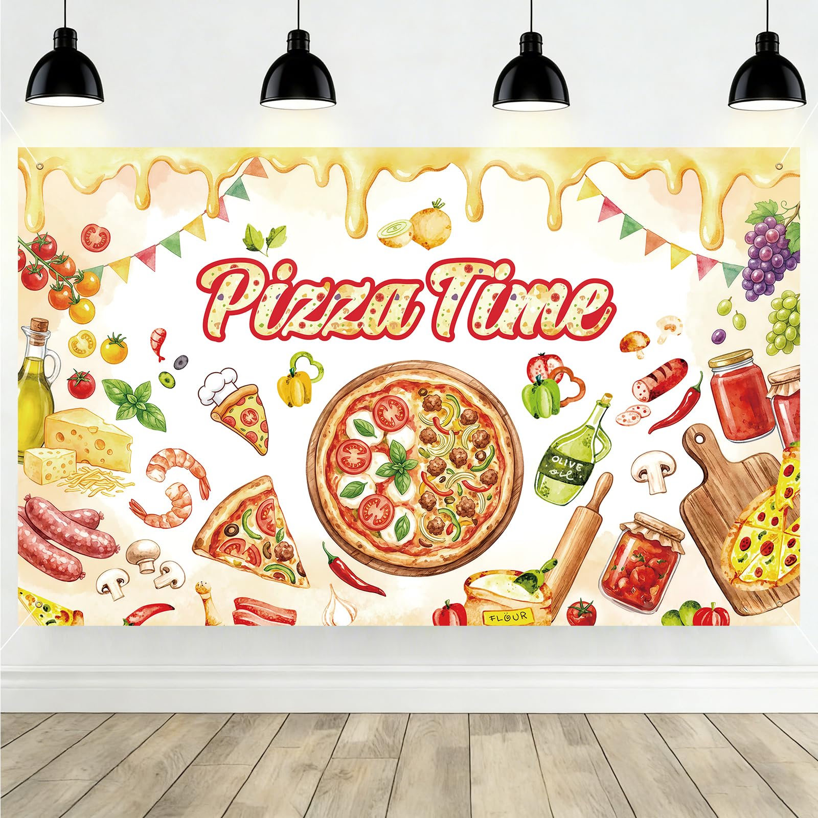 Pizza Party Pizza Time Backdrop - Pizza Birthday Booth Banner 6x3.6 ft