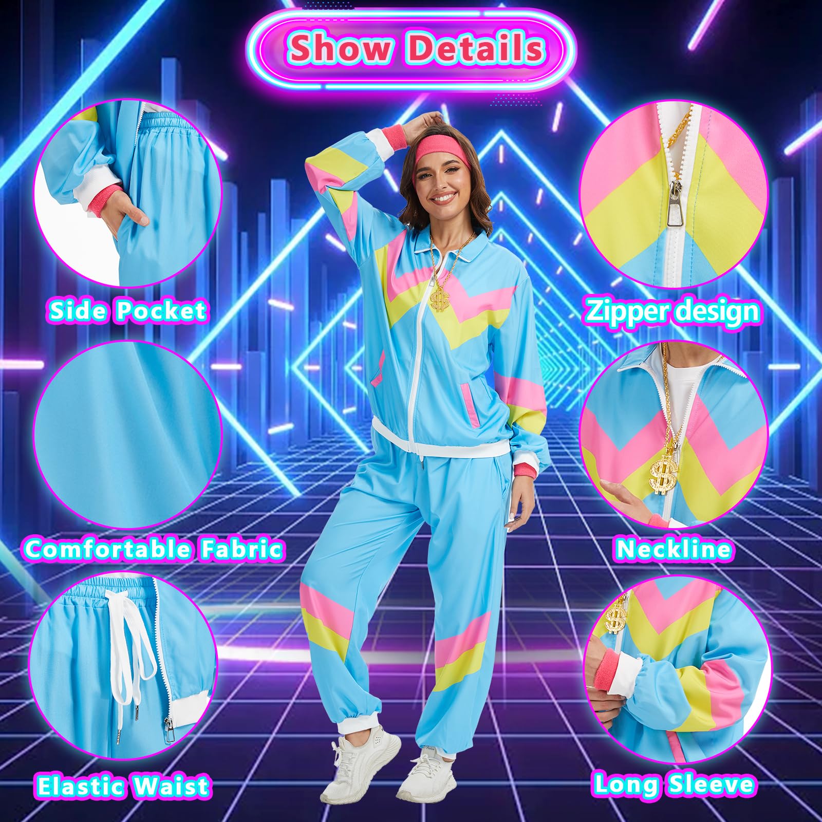 YRTBGD 80s 90s Fancy Dress for Women,80's Outfits Costumes with Accessories for Halloween Carnival Party (Blue, M) - Image 4