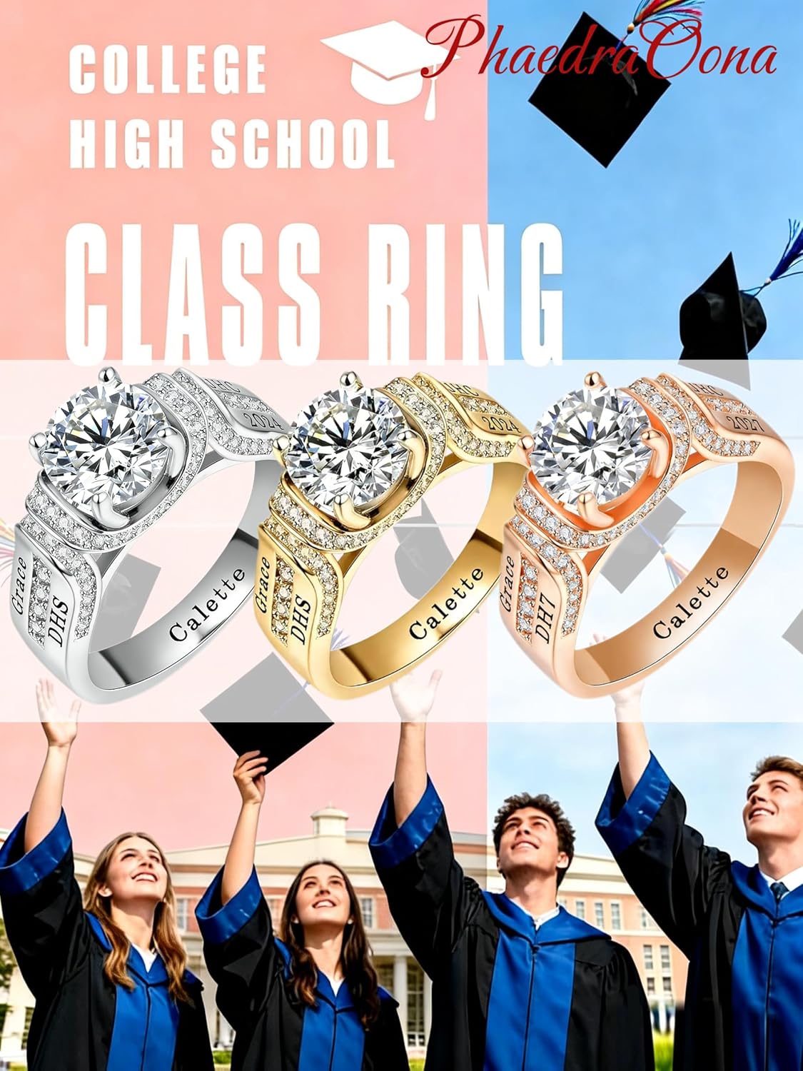 PhaedraOona Custom Class Rings Fully Personalized Class Rings for Women High School 925 Sterling Silver Rings Women's Class Rings Size 5-15 Graduation Rings for Women Cubic Zirconia Birthstone Rings