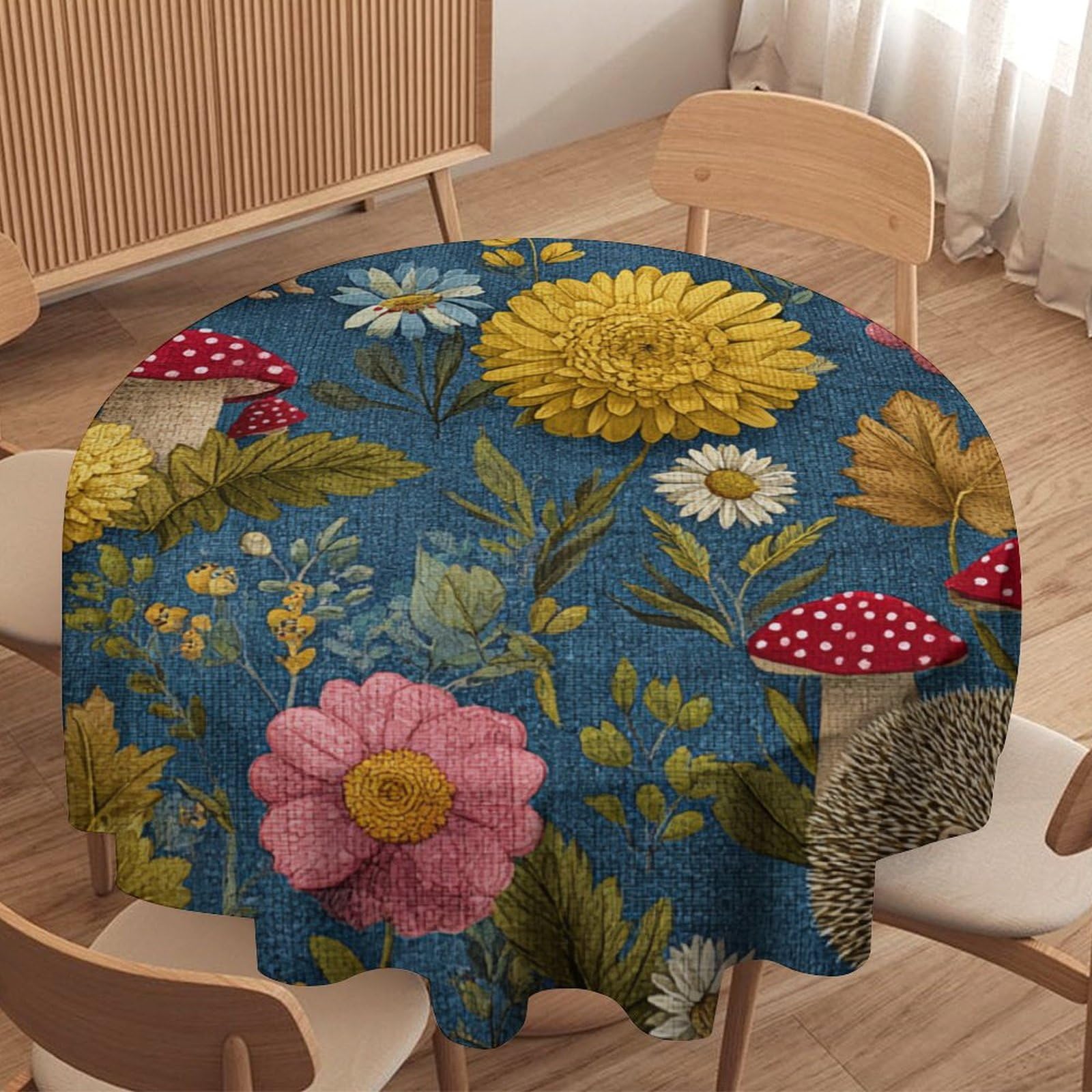 LUYYSKY Cute Oil Painting Hedgehogs Waterproof Round Tablecloth Classic Boho Daisies Flowers Mushrooms Animals Hedgehogs Print Washable Table Cover for Kitchen-177.8" Wx177.8 L cm