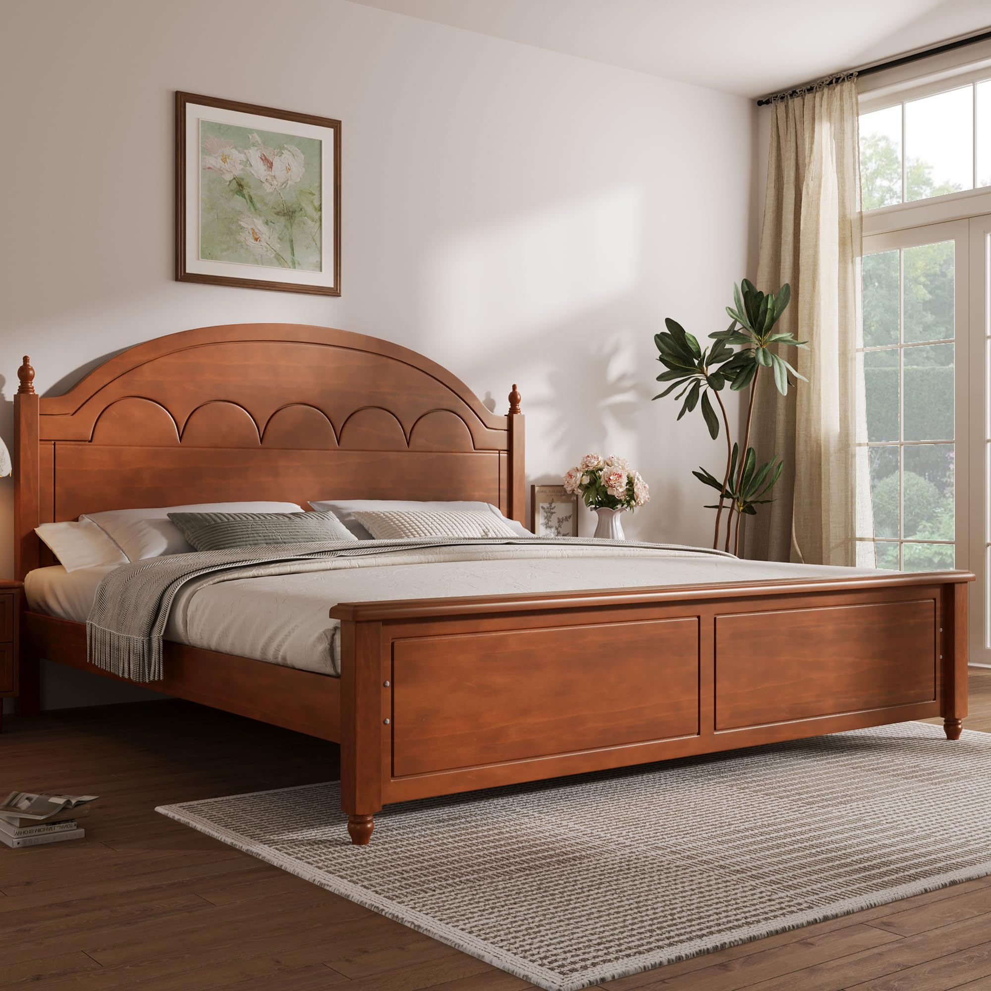 Merax Classic King Size Platform Bed Frame with arched headboard in oak finish, fully assembled with a mattress and bedding in a bedroom setting.