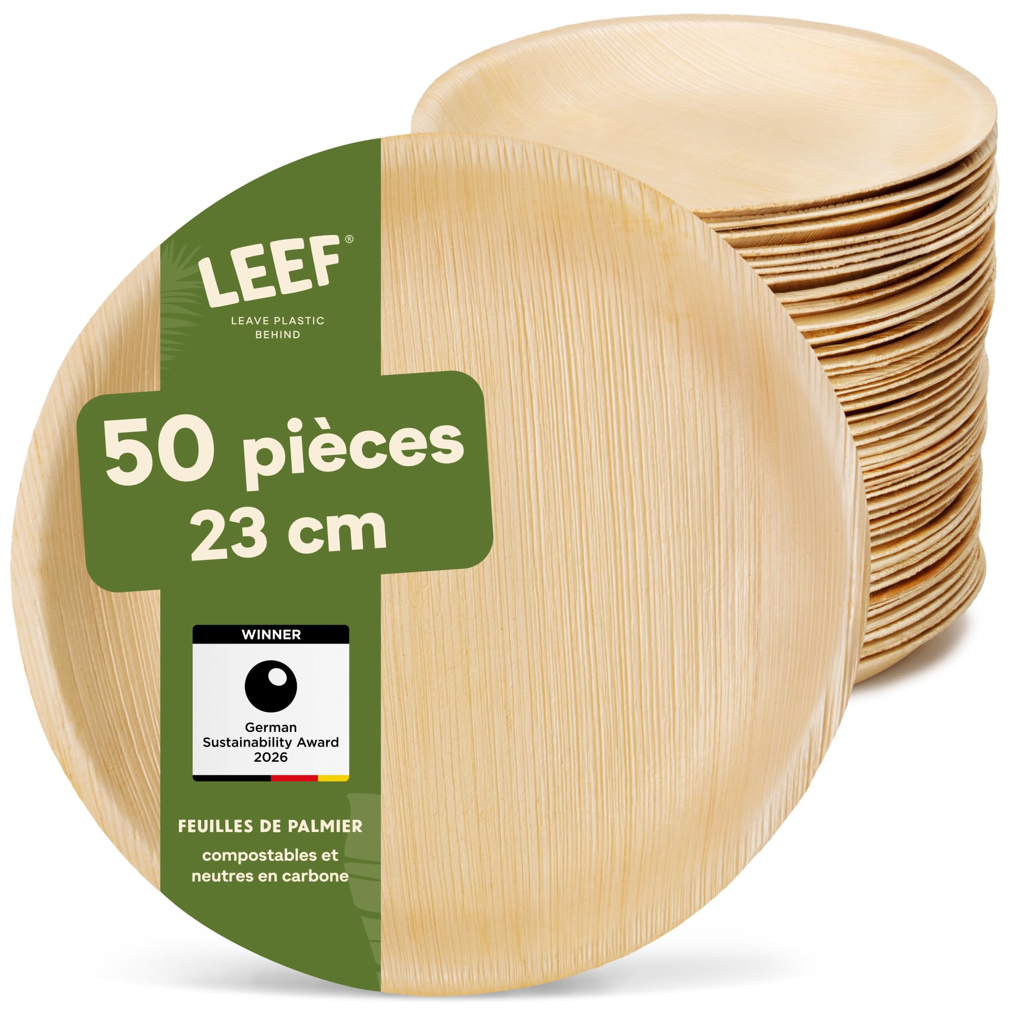 Assiette jetable en palmier Leef 23cm, lot de 50 assiettes rondes plates pour votre barbecue