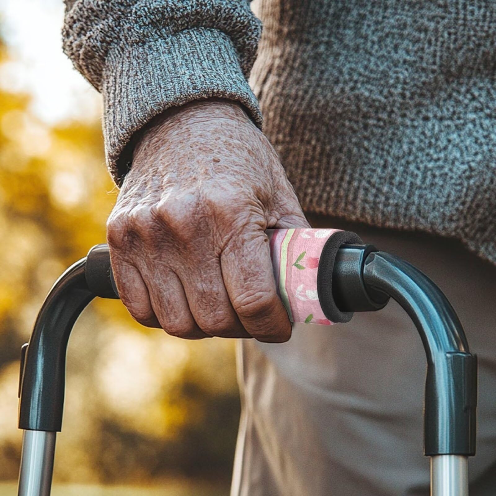 Uorisanigo Pink Tulip Pattern 2 Pack Walker Handle Cushions Comfortable Walker Padded Hand Grip Covers Washable Walker Accessory Elderly Grippers Rollator Handle Pink