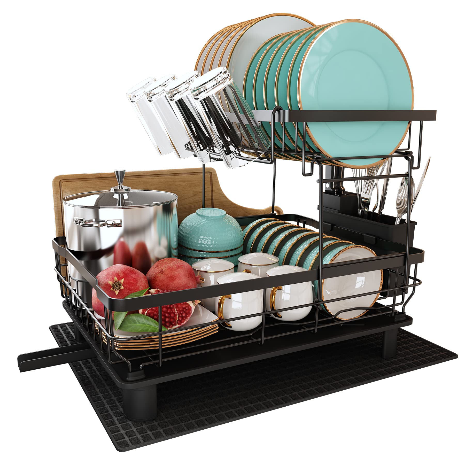 2 Tier Dish Drainer, Kitchen Sink Drainer Stainless Steel with Cup Holder and Utensil Holder, Black Dish Drainer with Drying Mat