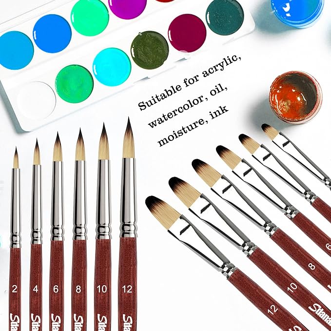 Set de 12 pinceles para pintura acrílica Sdanart, punta redonda y filbert | 6 pinceles redondos y 6 filbert para acuarela, acrílicos, óleo, gouache, tinta para artistas principiantes miniatura 3