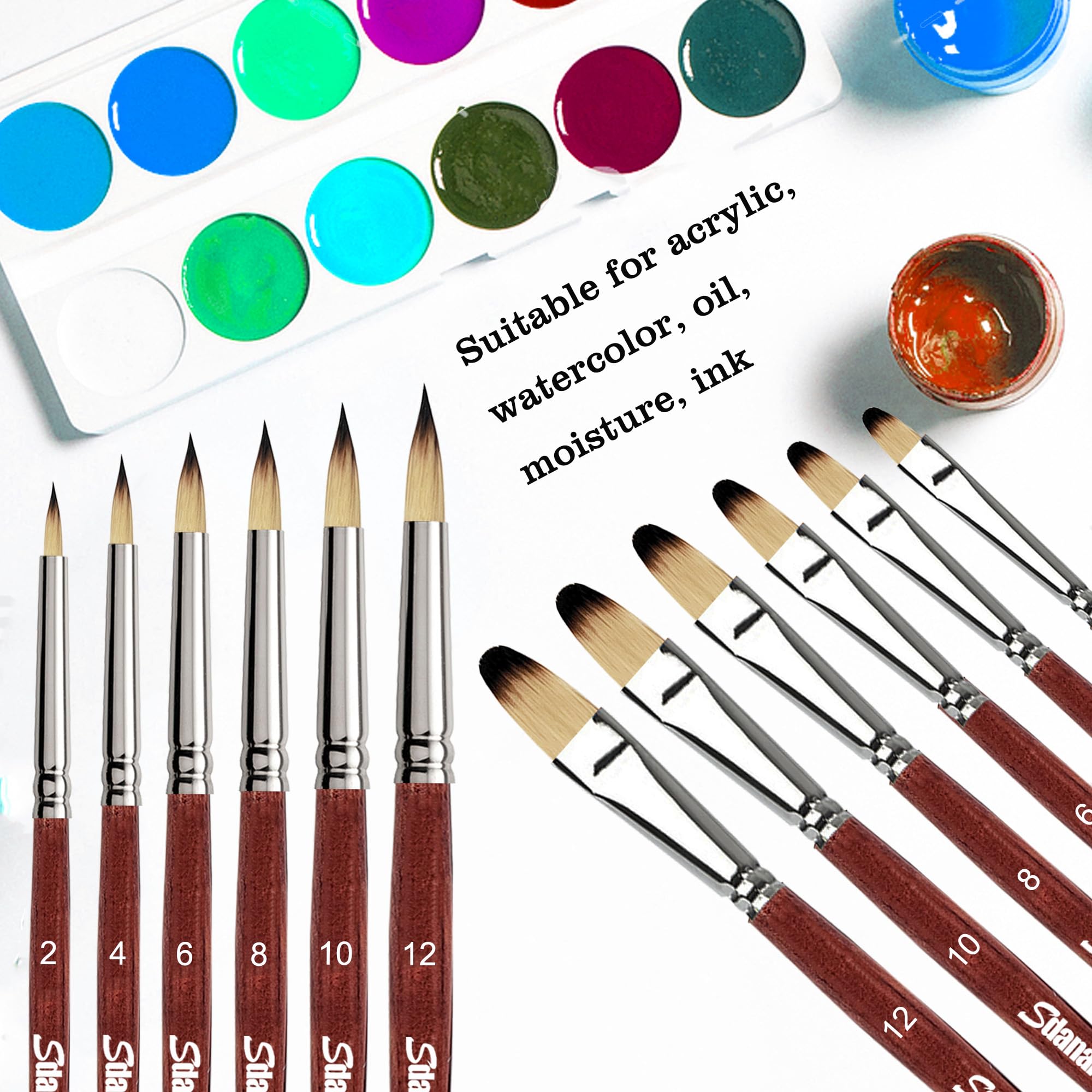 Sdanart Juego de 12 pinceles de pintura acrílica, 6 pinceles profesionales de punta redonda y 6 pinceles de artista Filbert para acuarela, acrílicos, óleo, gouache, tinta, perfecto para artistas y