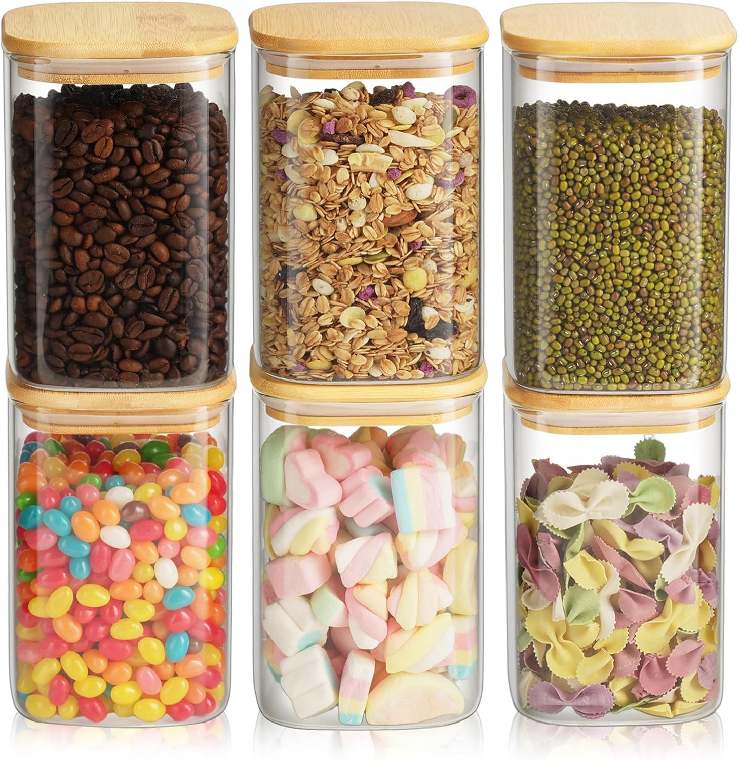 6 Pack Glass Pantry Storage Jars - 37oz Airtight Food Storage Containers Set with Bamboo Lid Labels, Square Kitchen Pantry Canister Organizers for Cookies Candy Coffee Bean Sugar Tea Spice Cereal