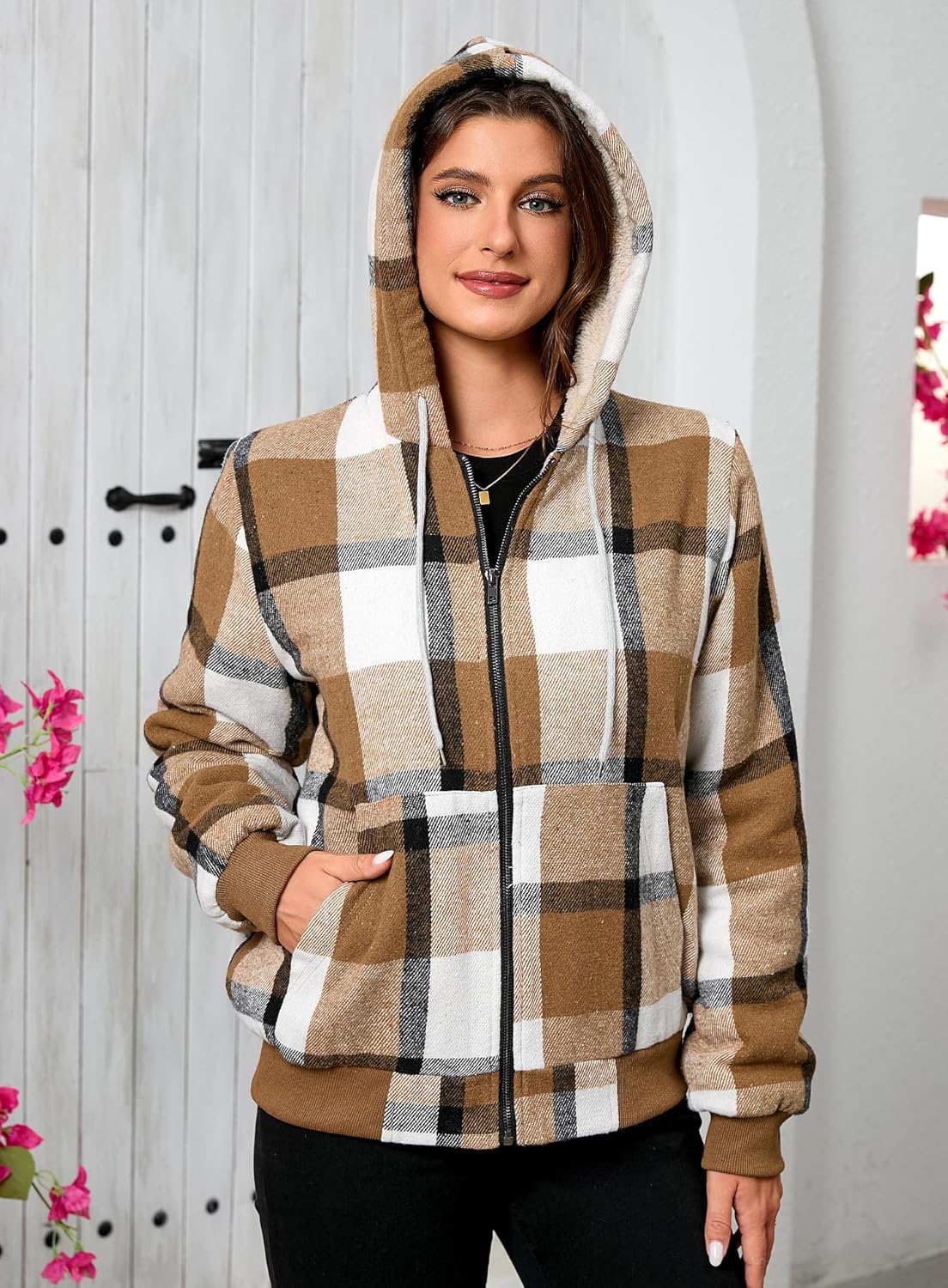 Shawnda Women's Flannel Casual Plaid Full Zip Up Sherpa Lined Hoodie Jacket Coat with Pockets - Image 6