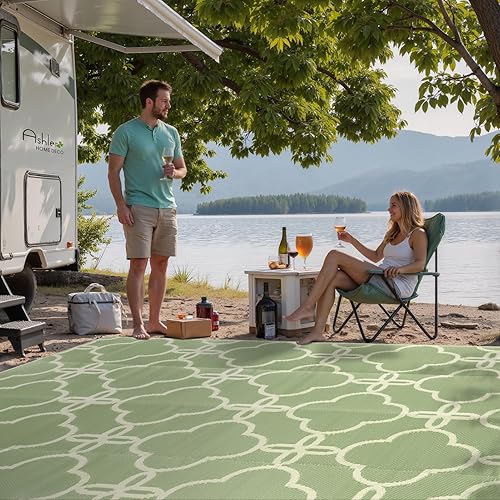 Miniatura 7 de Ashler - Alfombra de paja de plástico para exteriores, 5 x 8 pulgadas, reversible, color azul, diseño moderno con flores para caravana, patio