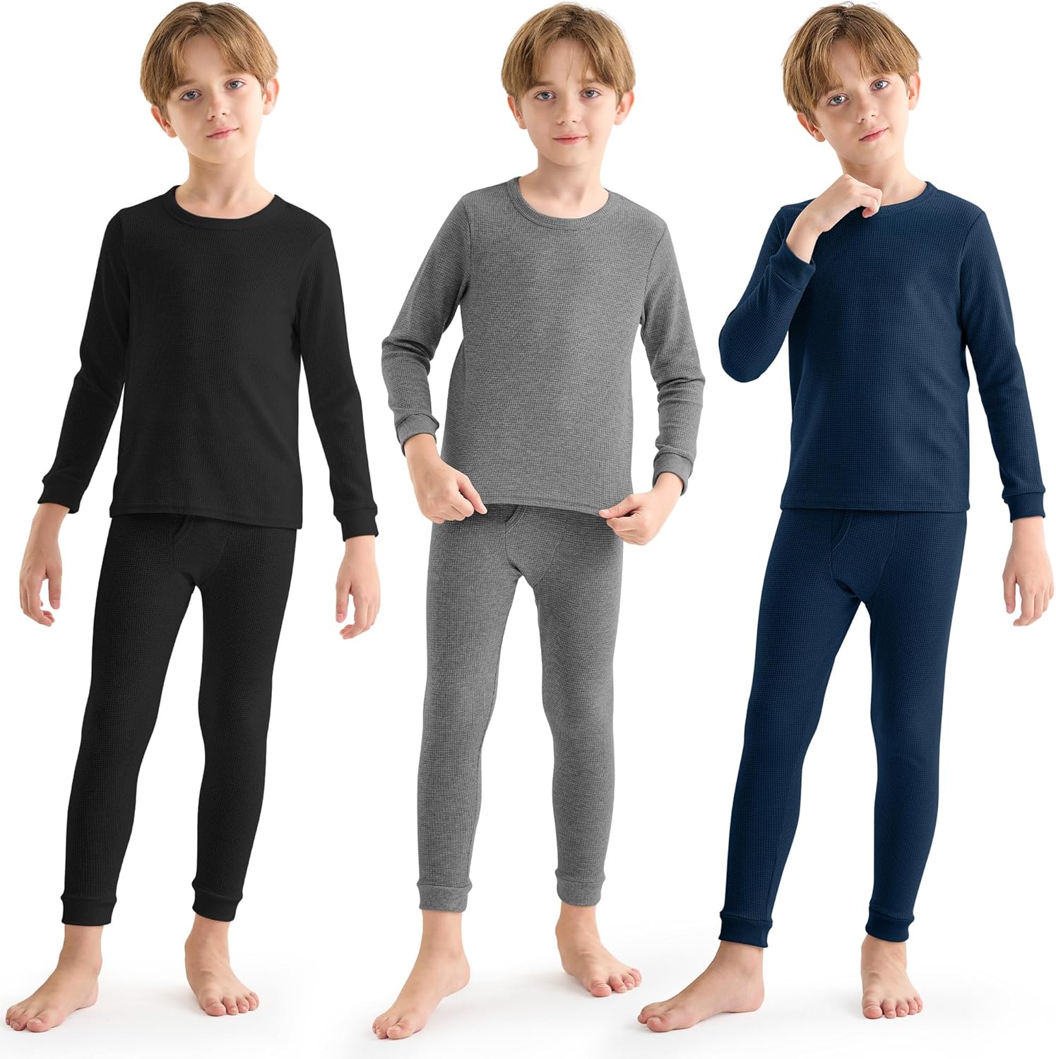 Resinta 3 Sets Boys Waffle Thermal Underwear Set Soft Winter Waffle Thermal Top and Bottom Long Johns Cotton Base Layer