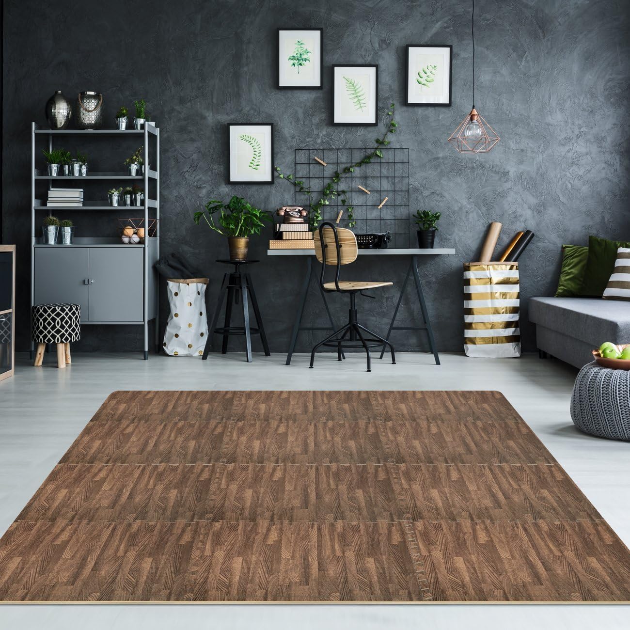 Sorbus Wood Grain Floor Mats Foam Interlocking Mats Tile 3/8-Inch Thick Flooring Wood Mat Tiles Borders - Home Office Playroom Basement Trade Show