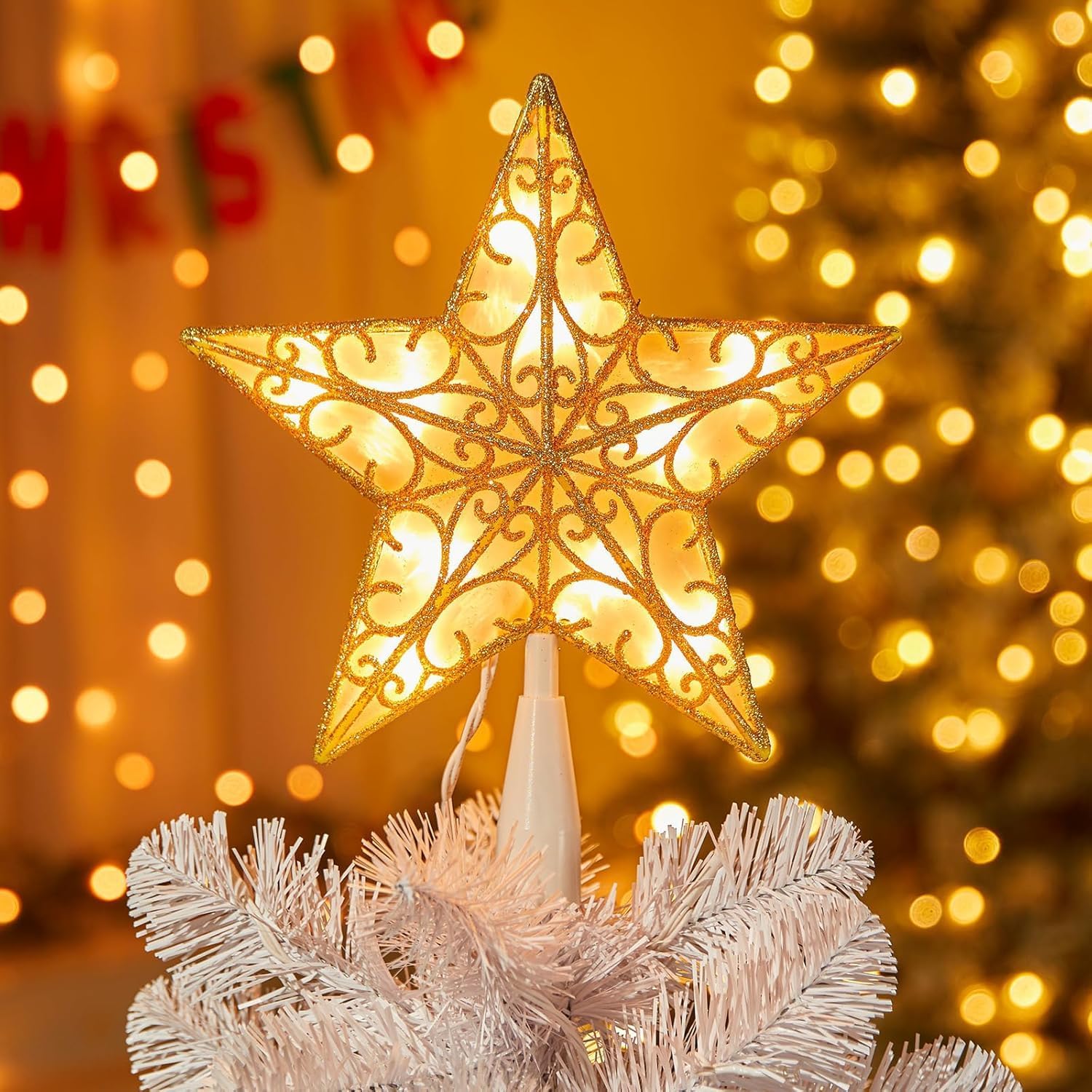 Brightown Christmas Tree Topper Star Lighted Gold 3D Hollow Glitter Sequin Built-in 10 Bulbs Golden Christmas Tree Star Topper Lighted Plug in Vintage Indoor Xmas Decorations Holiday Decor White Base