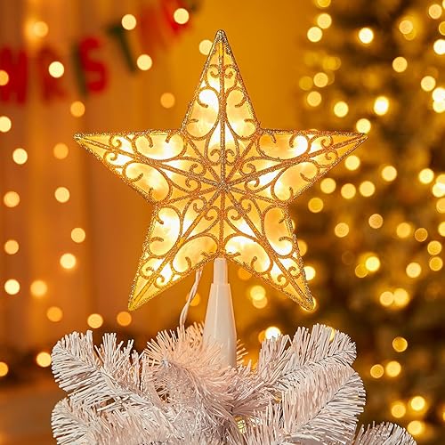 Miniatura 10 de Decoración para árbol de Navidad, estrella 3D con purpurina plateada, diseño hueco de metal, 10 lámparas integradas para interiores, oficina