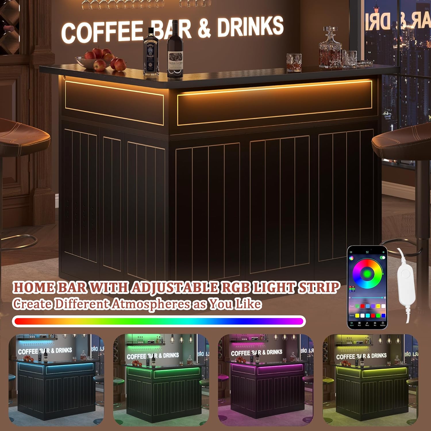 L-Shaped Home Bar Cabinet with Fridge Space, 4-Tier Corner Bar Cabinet with Glass Holder, Liquor Cabinet for Home with Led Lights, Power Outlets, Wine Cabinet for Living Room, Dining Room, Basement