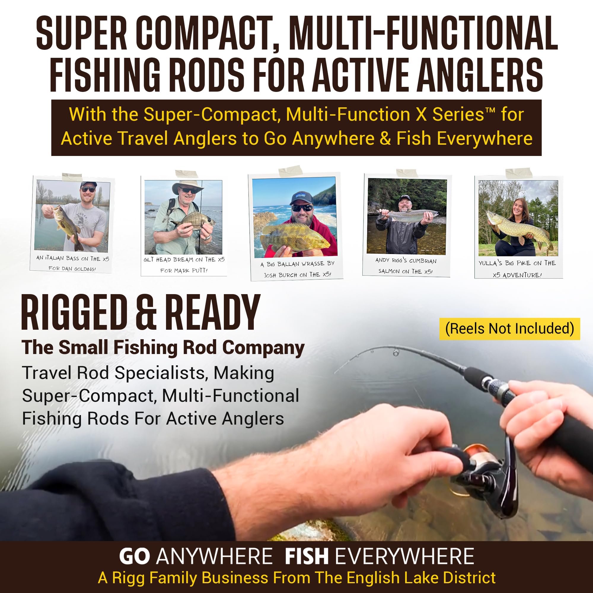 Rigged & Ready X Series™ Travel Fishing Rods. 6 Super Compact Combos and Rods, Multi-Functional, Spinning Poles. 5 to 25 Techniques from one Rod. Spin, Bass, Carp, Fly. Fresh & Saltwater Angling.